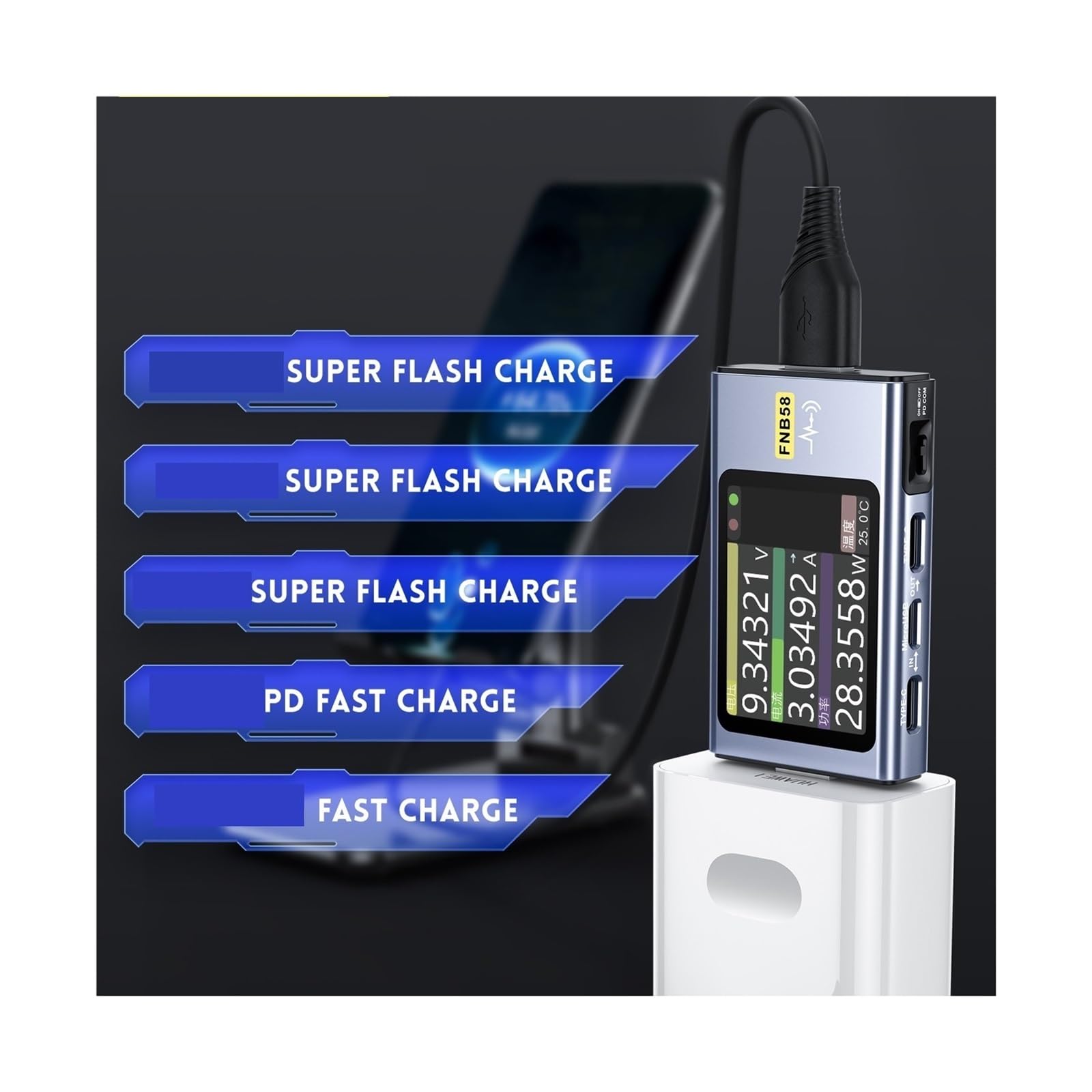 Amperomierz USB, FNB58 Woltomierz cyfrowy Amperomierz Woltomierz prądu Tester USB Wskaźnik napięcia Profesjonalne narzędzia dla elektryków(Without Bluetooth)