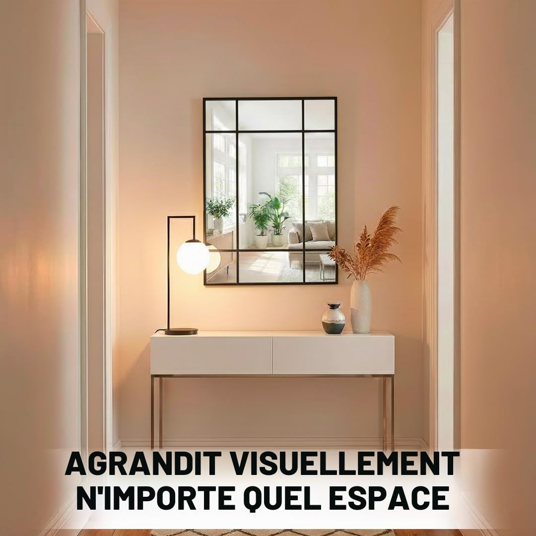Marctani Miroir de fenêtre mural 90 x 60 cm - Miroir industriel décoratif avec cadre en métal - Design rectangulaire effet fenêtre pour entrée, salon