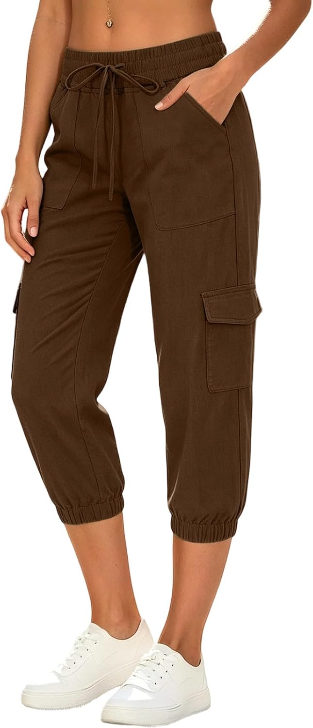 Linen Cargo Capris for Women Fashion Summer Plus Size Athletic Hiking Capri Pants Drawstring Casual Trousers with Pocket