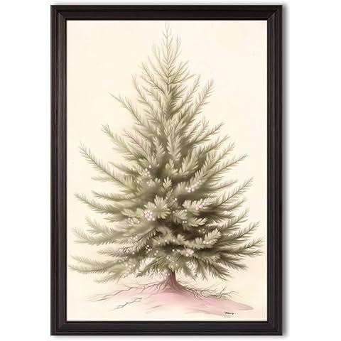 Framed Christmas Tree Wall Art – Minimalist Winter Pine Canvas Print with Soft Tones and Berries – Holiday Wall Decor for Living Room, Entryway or Fireplace 24x36inch-Framed