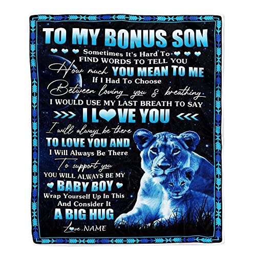 TeesNow Personalized to My Bonus Son Blanket from Stepmother You Mean to Me My Baby Boy Lion Stepdaughter Birthday Graduation Christmas Customized Fleece Blanket (30 x 40 in Baby Size)