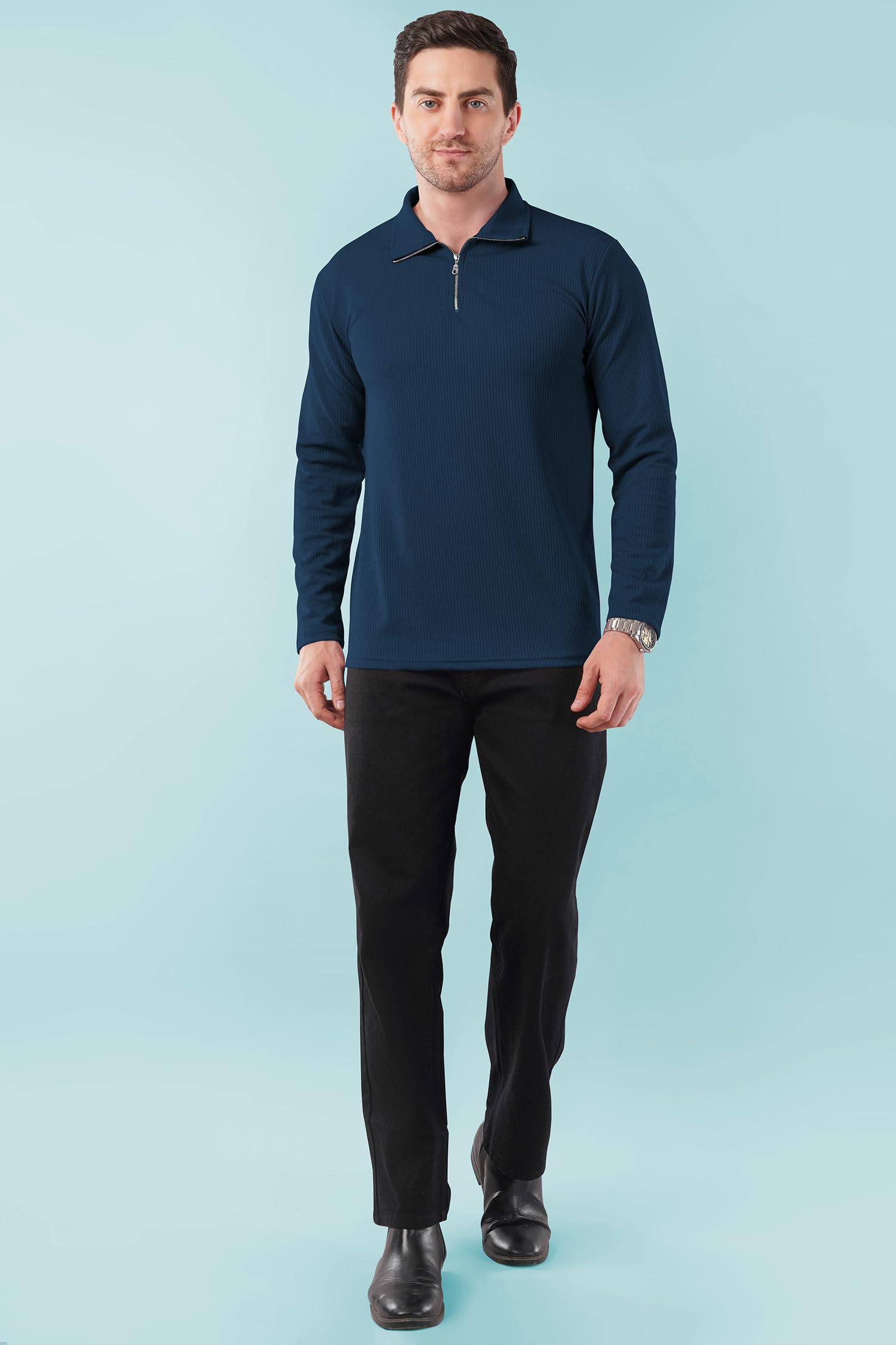 KAJARU Men's Quarter Zip Pullover T-Shirt, Cable Knit Pattern, Full Sleeve (in, Alpha, L, Airforce) - Image 2 thumbnail