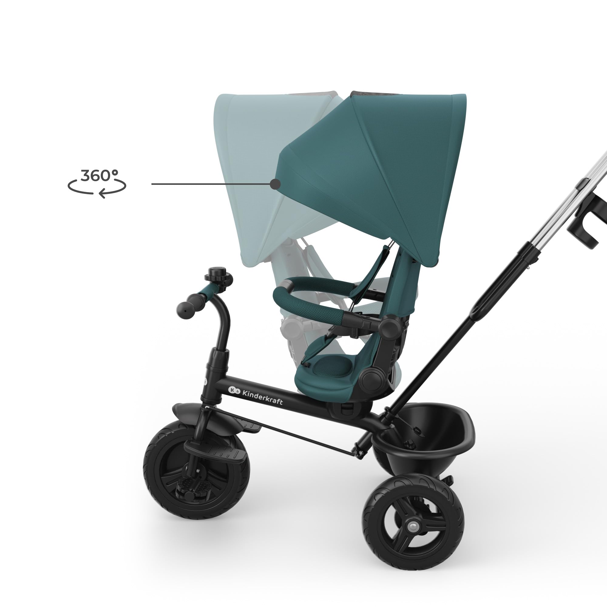 Kinderkraft ASTON 2 PLUS triciclo bambini 6 in 1, seduta 360°, posizione semi-reclinata, maniglione genitori, capottina, pedali liberi, Verde