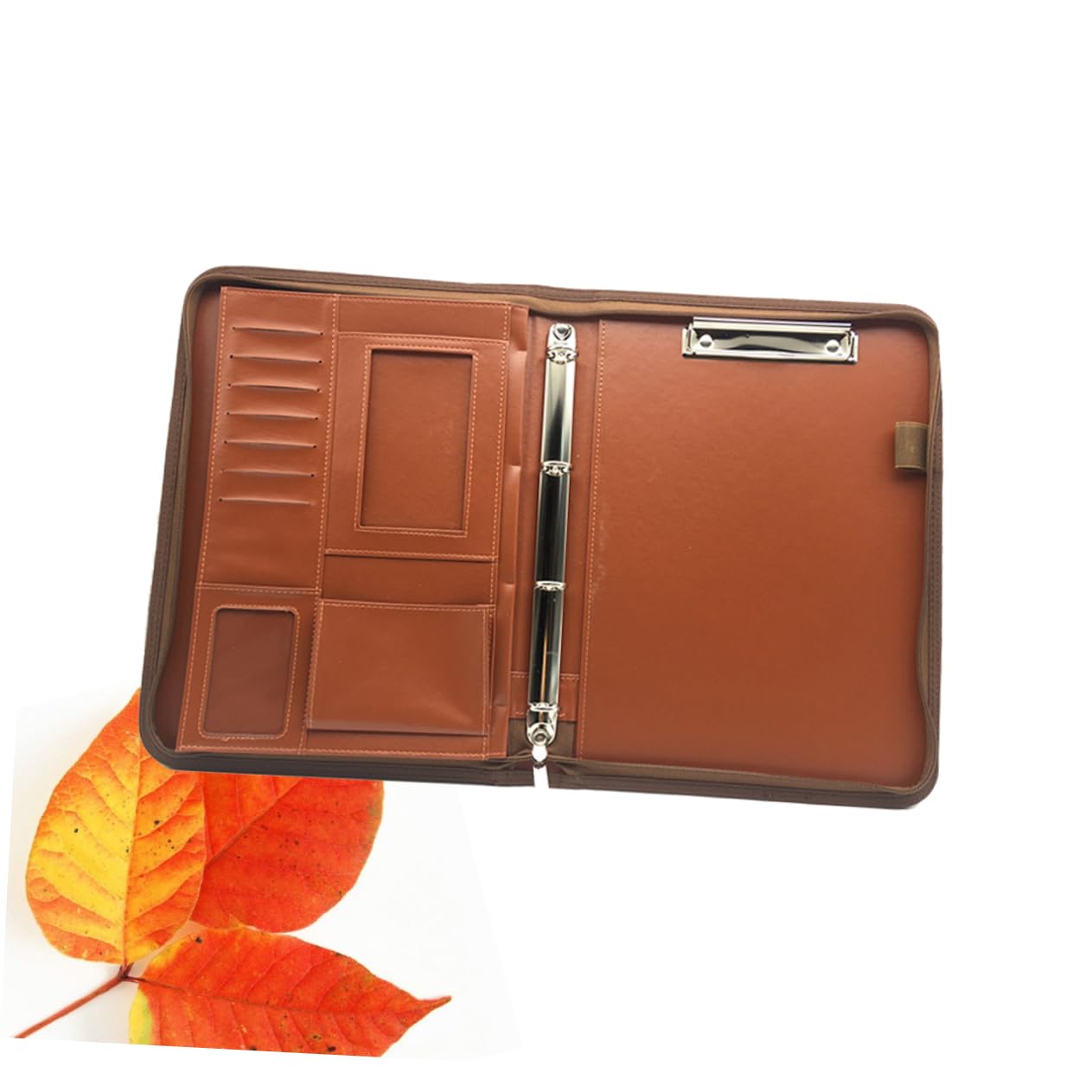 SEWACC Portable Business Portfolio A4 Size Pu Leather Zipper Folder Calculator Pen Compartments Office Case