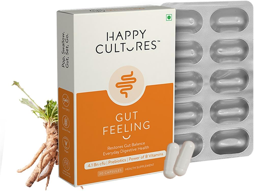 VELBIOMHappy Cultures Gut Feeling Digestion Supplement Unique Blend Of Probiotics For Daily Digestive Health B-Vitamins Gut Digestion, Clinically Tested, For Men - 30 Veg Capsules