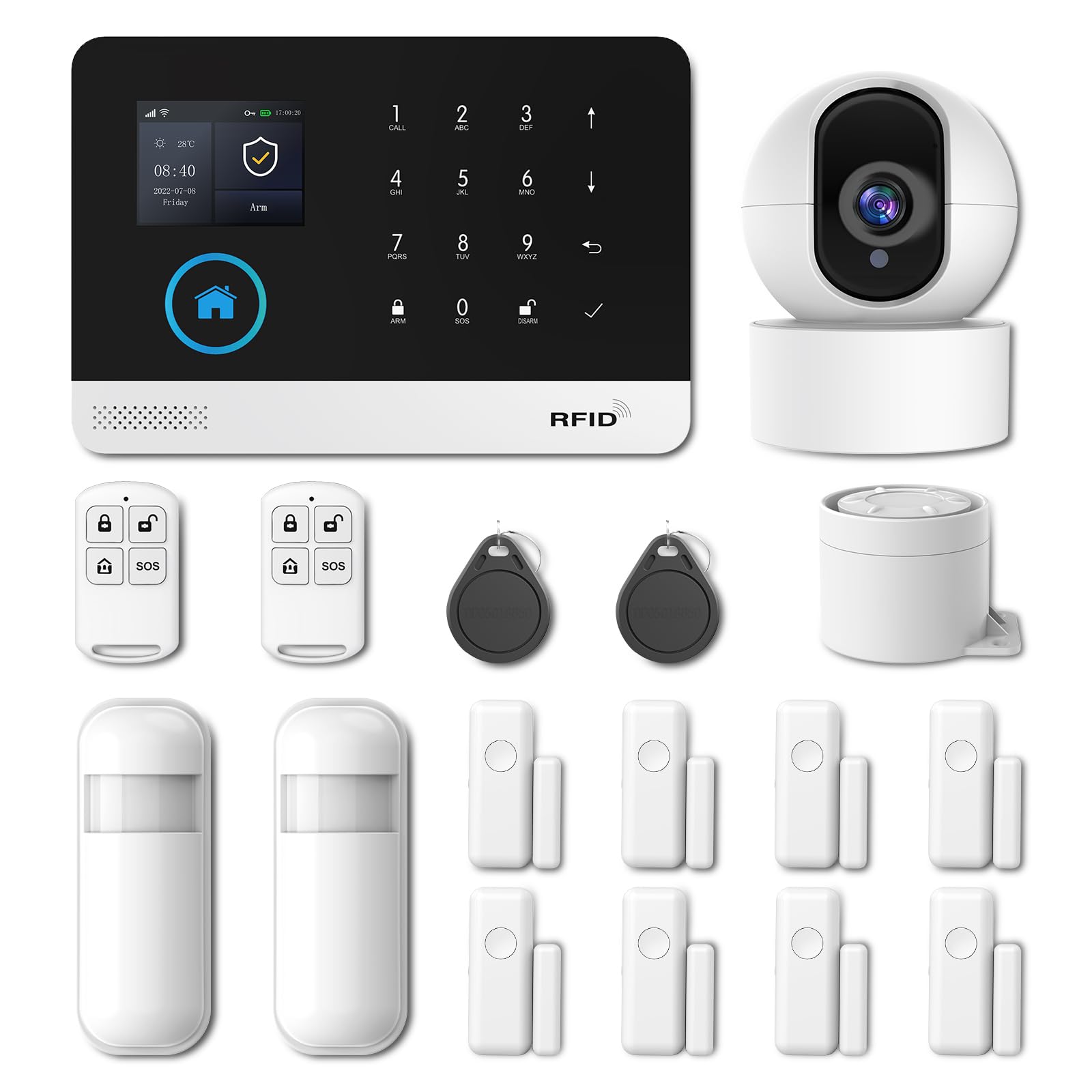 Wireless Home Alarm System, 17 Pieces GSM WiFi Full Anti-theft Alarm System, Alarm Siren with PIR, Door and Window Sensor, Remote Control for Apartment, Garage, Office