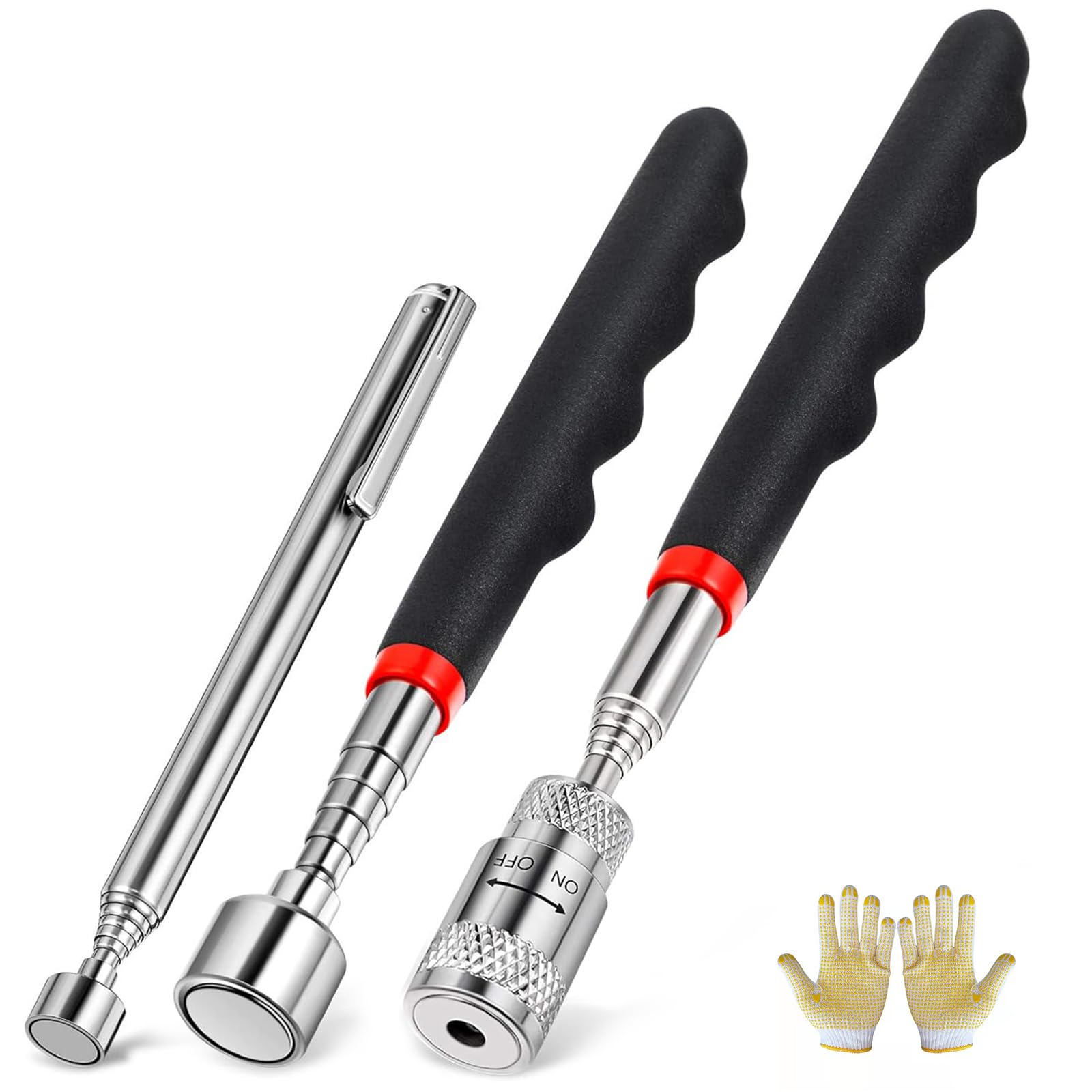 4Pcs Magnetic Tool Set，® 3lb and 20lb Magnet Sticks, 8lb Scalable LED Flash Light Retriever Wand,Glove for Organizing Automotive Repair Tools