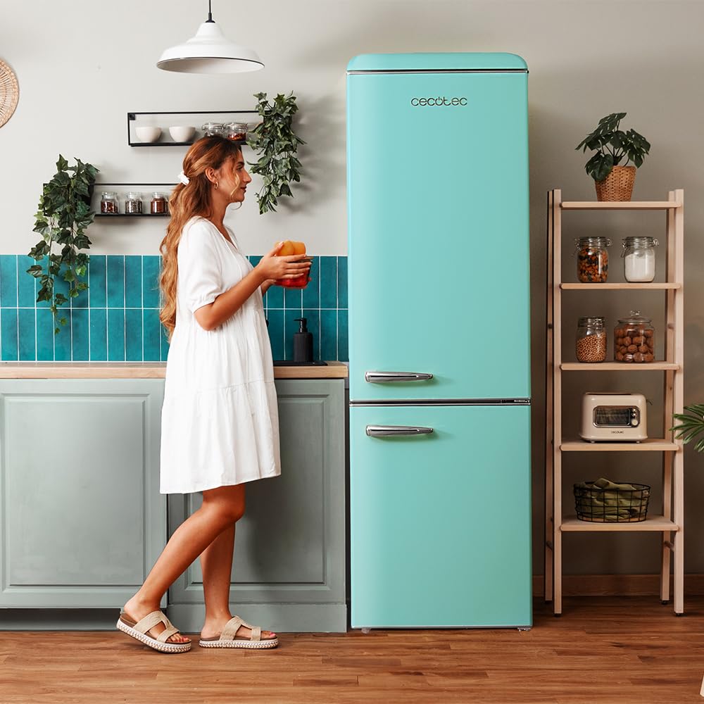 Cecotec Lodówko-zamrażarka w stylu retro, 300 l, bolerko, CoolMarket Combi Origin 300 Green E, klasa E, oświetlenie wewnętrzne LED, Crisper Box, regulacja temperatury, chromowany uchwyt i szklane