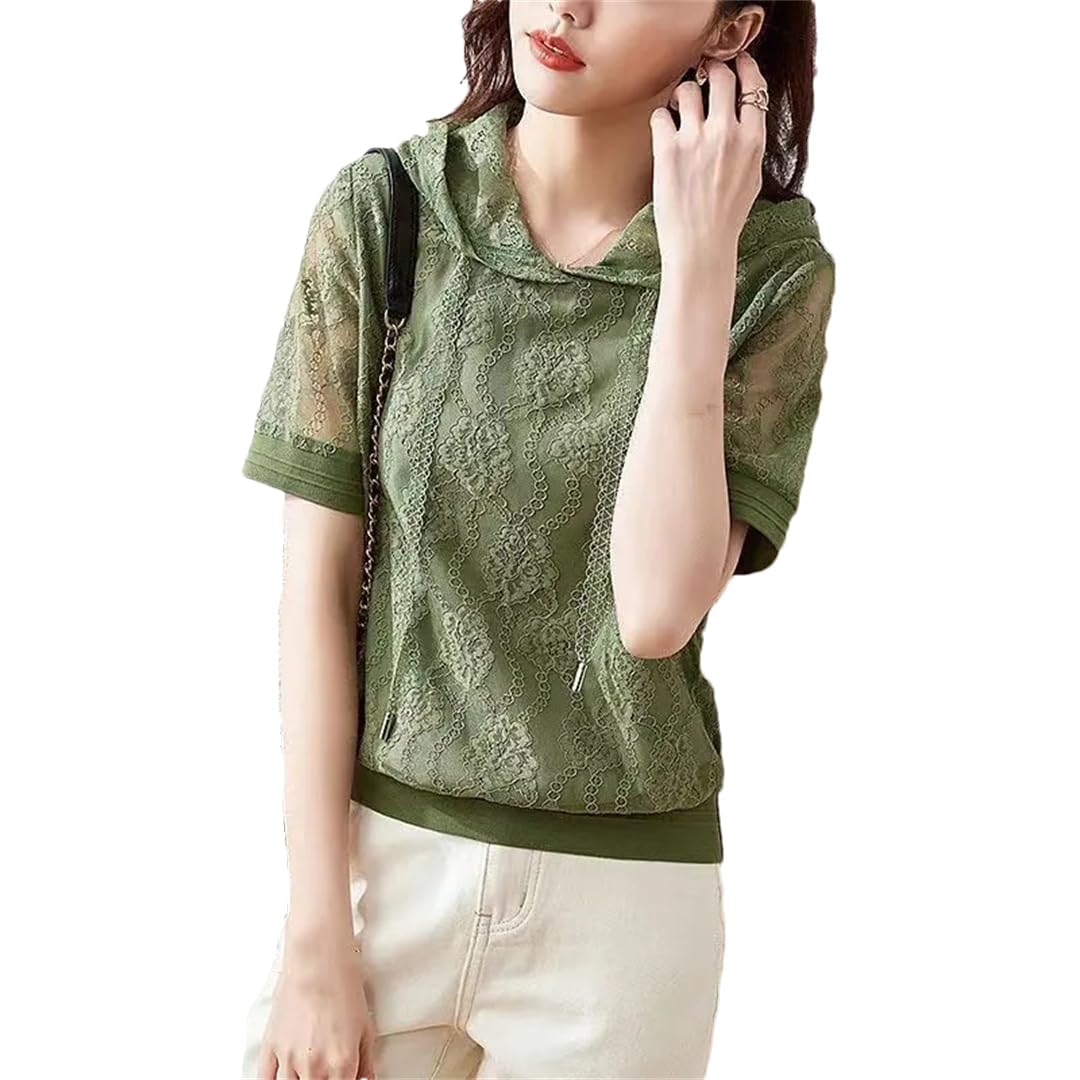 Camicetta dritta da donna con cappuccio estiva a maniche corte scava fuori casual pizzo patchwork con coulisse camicia