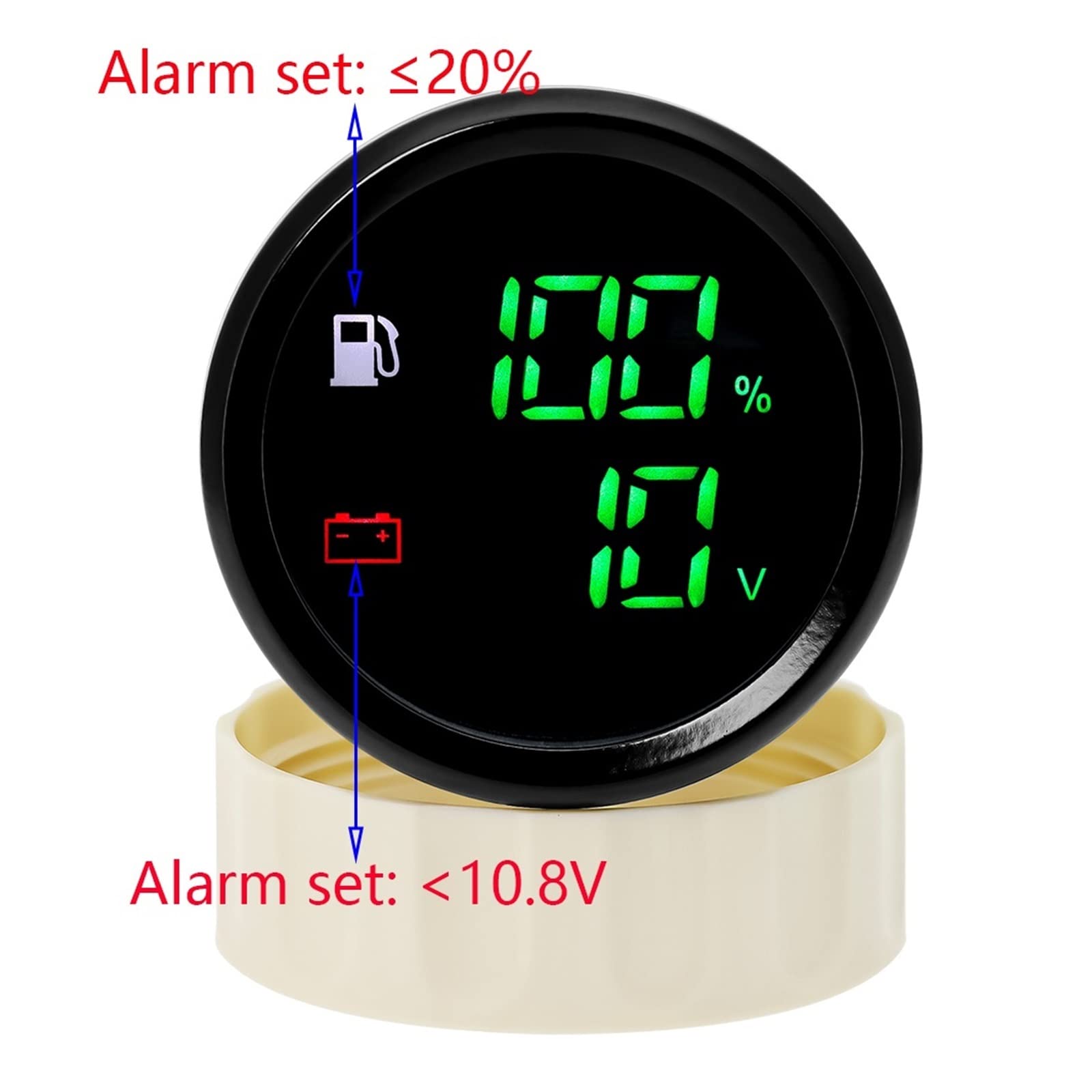 Unidad de envío del indicador del flotador del tanque de combustible Indicador de nivel de combustible dual 2 en 1 de 52 mm + voltímetro con luz de alarma Sensor de nivel de combustible de 0-190 ohmio