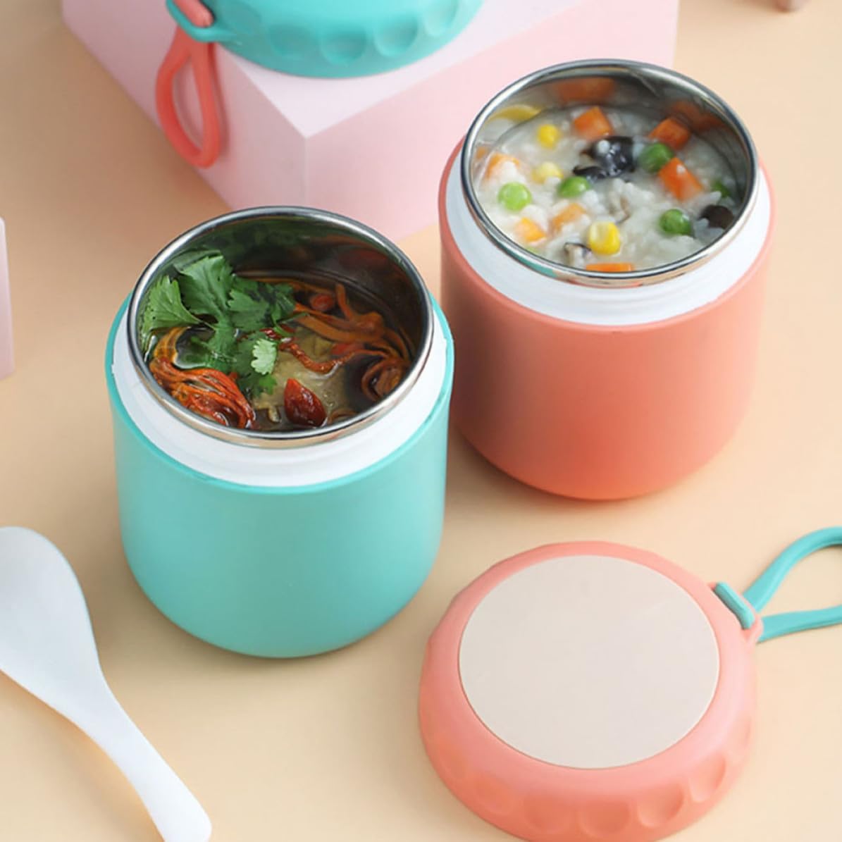 Amosfun Soup Cup with Lid and Handle Stainless Steel 2pcs for School Meals