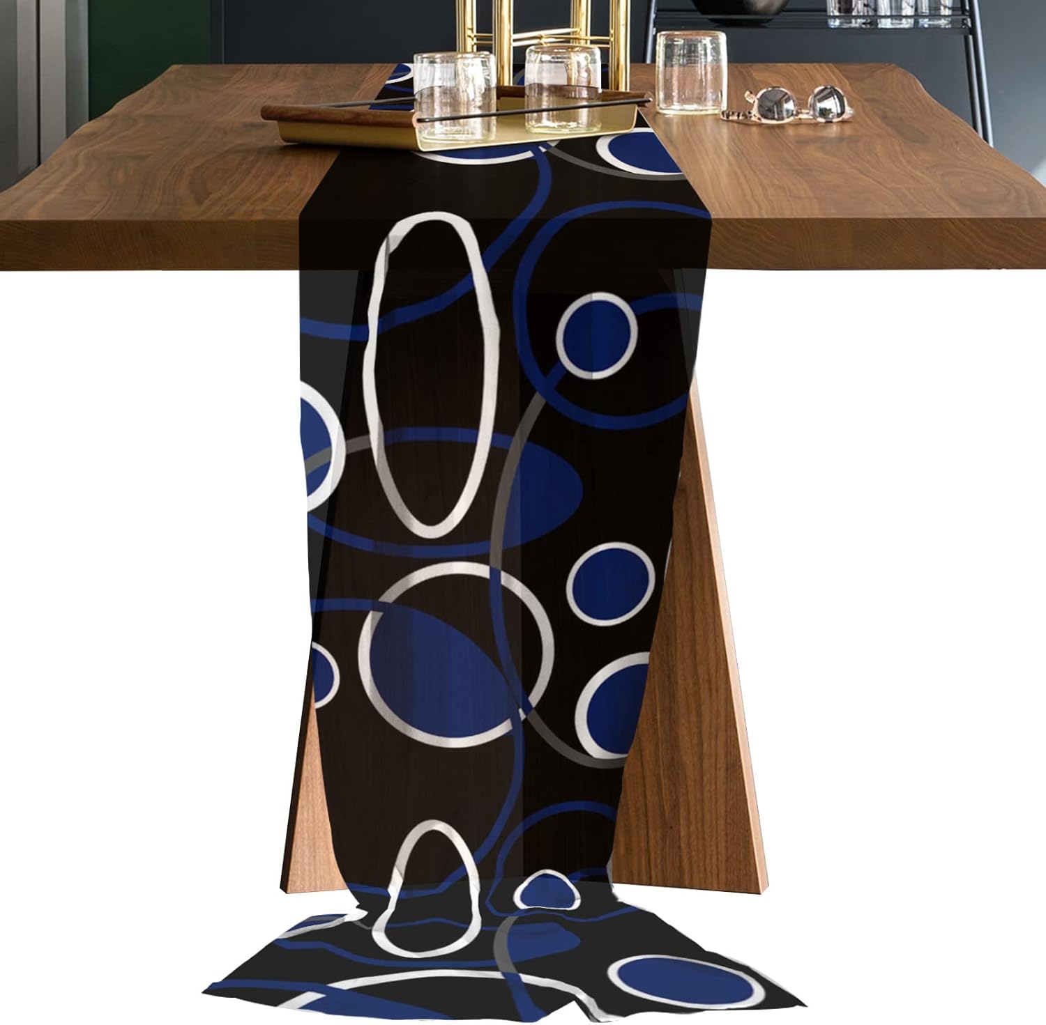 Double Love Geometric Navy Blue Chiffon Table Runner 120 Inches Long
