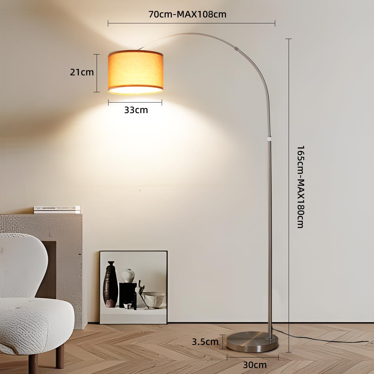 ANTENLICHT LUNA Bogenlampe Wohnzimmer Stehlampe Vintage, Inklusive LED E27 | Standleuchte mit Braunem Stoffschirm I Fußschalter I Bogenleuchte Geeignet Nickel für Schlafzimmer, Hotel