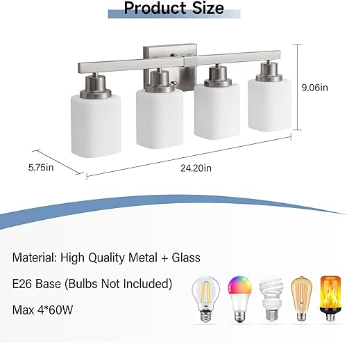 Miniatura 3 de Lámpara de tocador de baño de 4 luces, luces de tocador de níquel cepillado con vidrio esmerilado cuadrado, lámparas modernas de pared de baño sobre