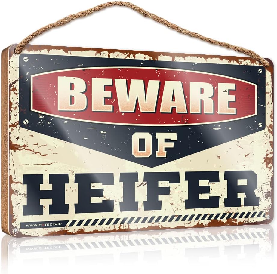 Inspirational Office Decor Wood Sign - Printed Surface & Door Hanging Decor/Funny Decor | Vintage Laundry Room Decor, Beware of Heifer