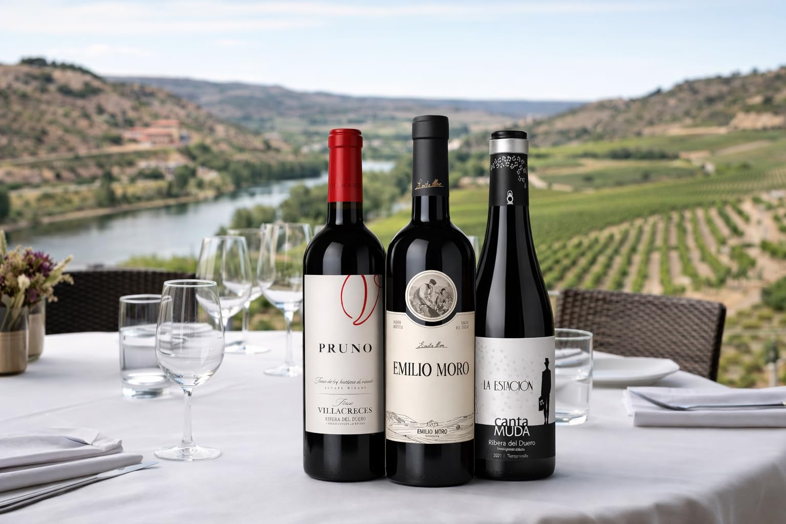 Pack 3 Vinos Ribera del Duero Premium con Caja de Madera (3 botellas x 750ml)| Pruno Villacreces + Emilio Moro + La Estación CantaMuda | Selección Gourmet -MySecretWine-