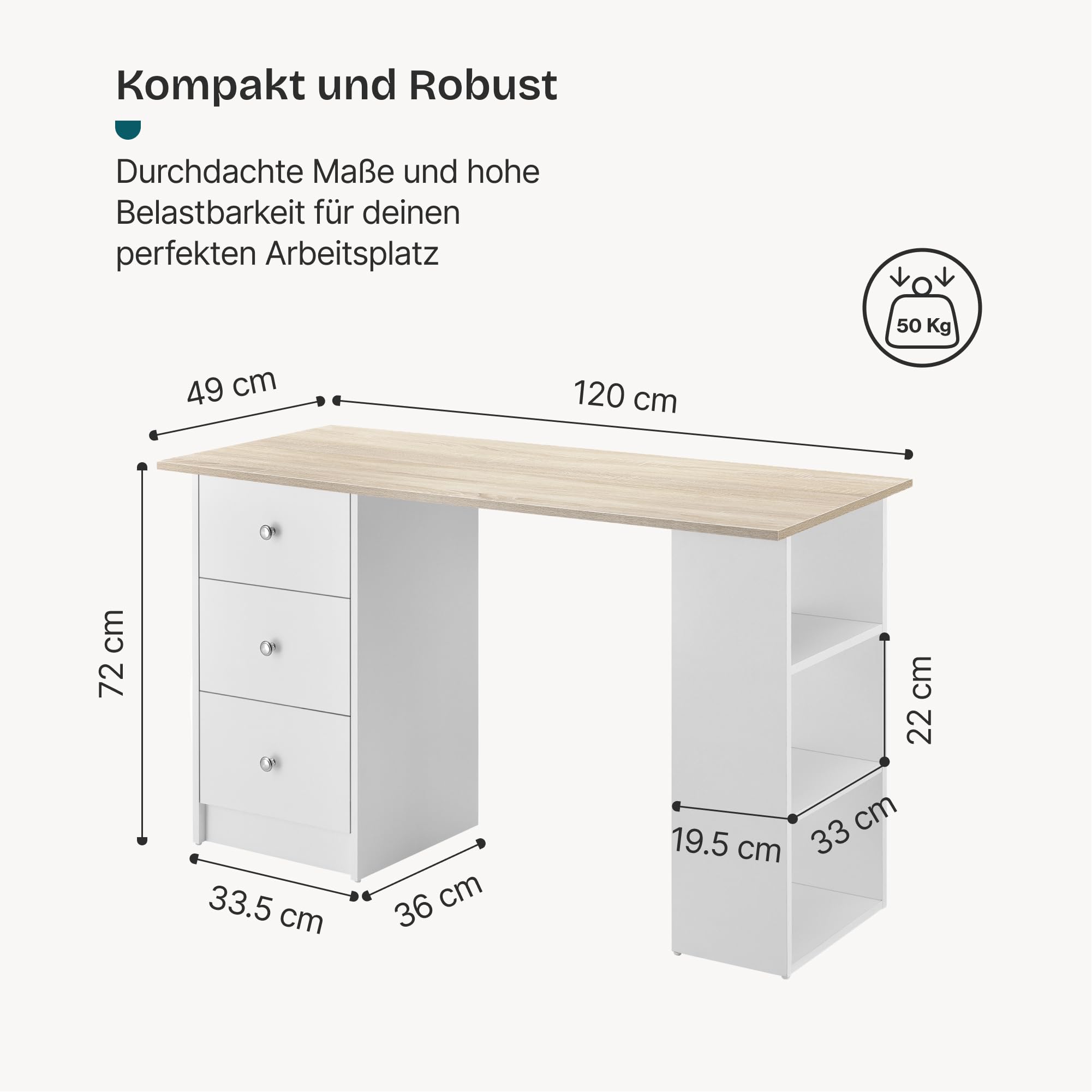 [en.casa] Schreibtisch Lemberg Computertisch 120 x 49 x 72 cm Bürotisch mit 3 Ablagefächern und 3 Schubladen Arbeitstisch Weiß/Eicheoptik