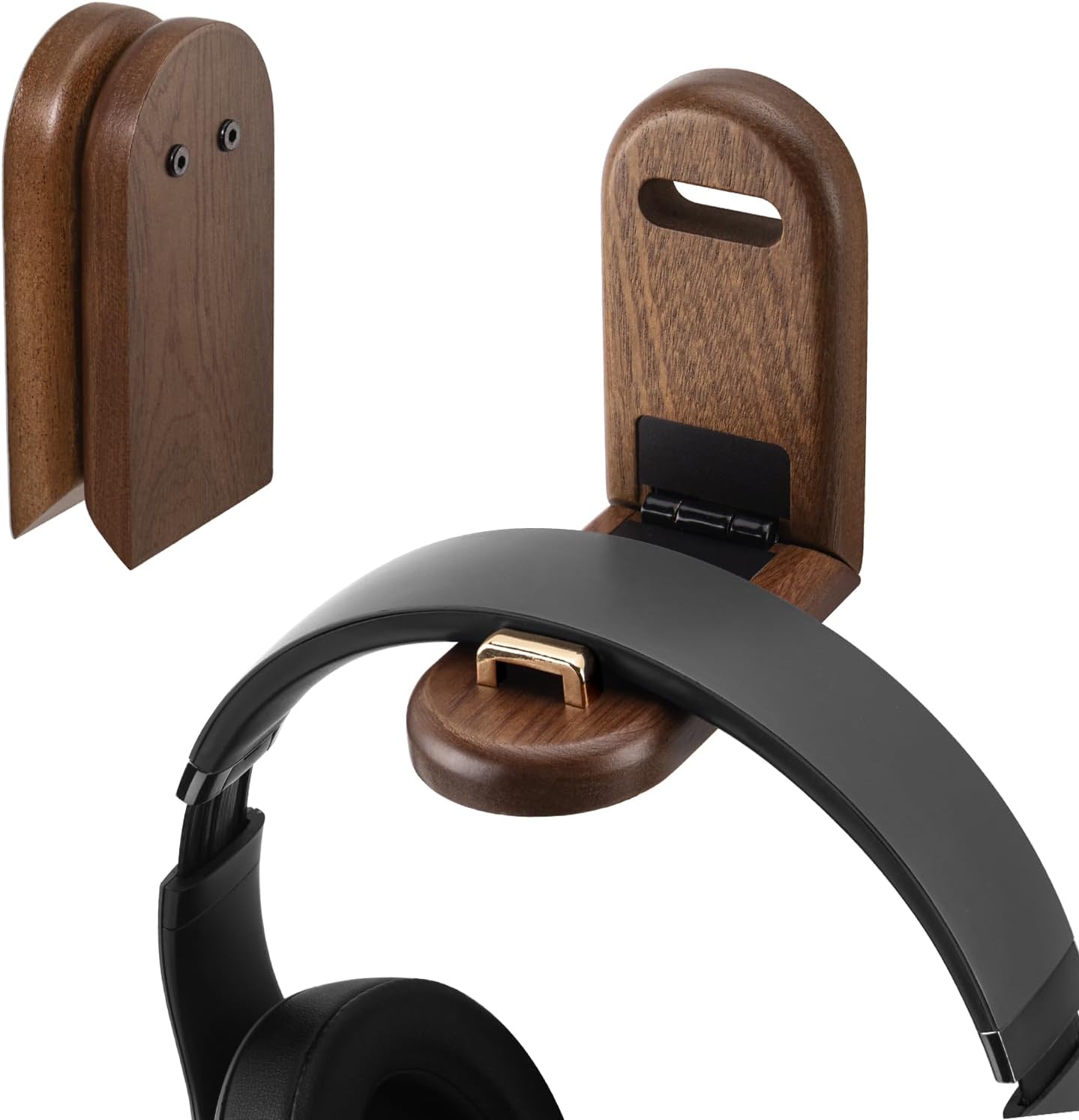Wood Headphone Stand Wall Mount Holder, Sticky Headset Hook, Under Desk Headphone Hanger,Foldable Desk Headphone Hanger Earphone Clamp for Audio,Studio & Gaming Headphones