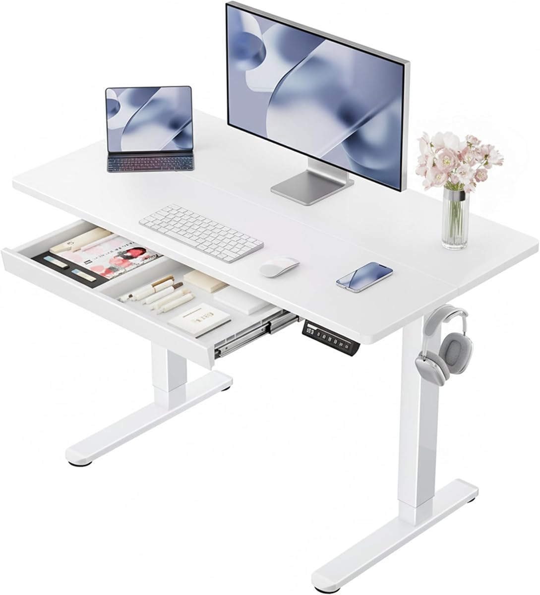 ErGear 44 inch Electric Standing Desk with Drawers, Adjustable Height with Storgear, 4 Memory Height Settings, Sit Stand Up Desk for Home Office & Computer Workstation, White