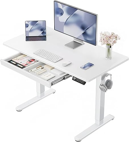 ErGear - Escritorio eléctrico de pie de 44 pulgadas con cajones, de altura ajustable con Storgear, 4 configuraciones de altura de memoria,