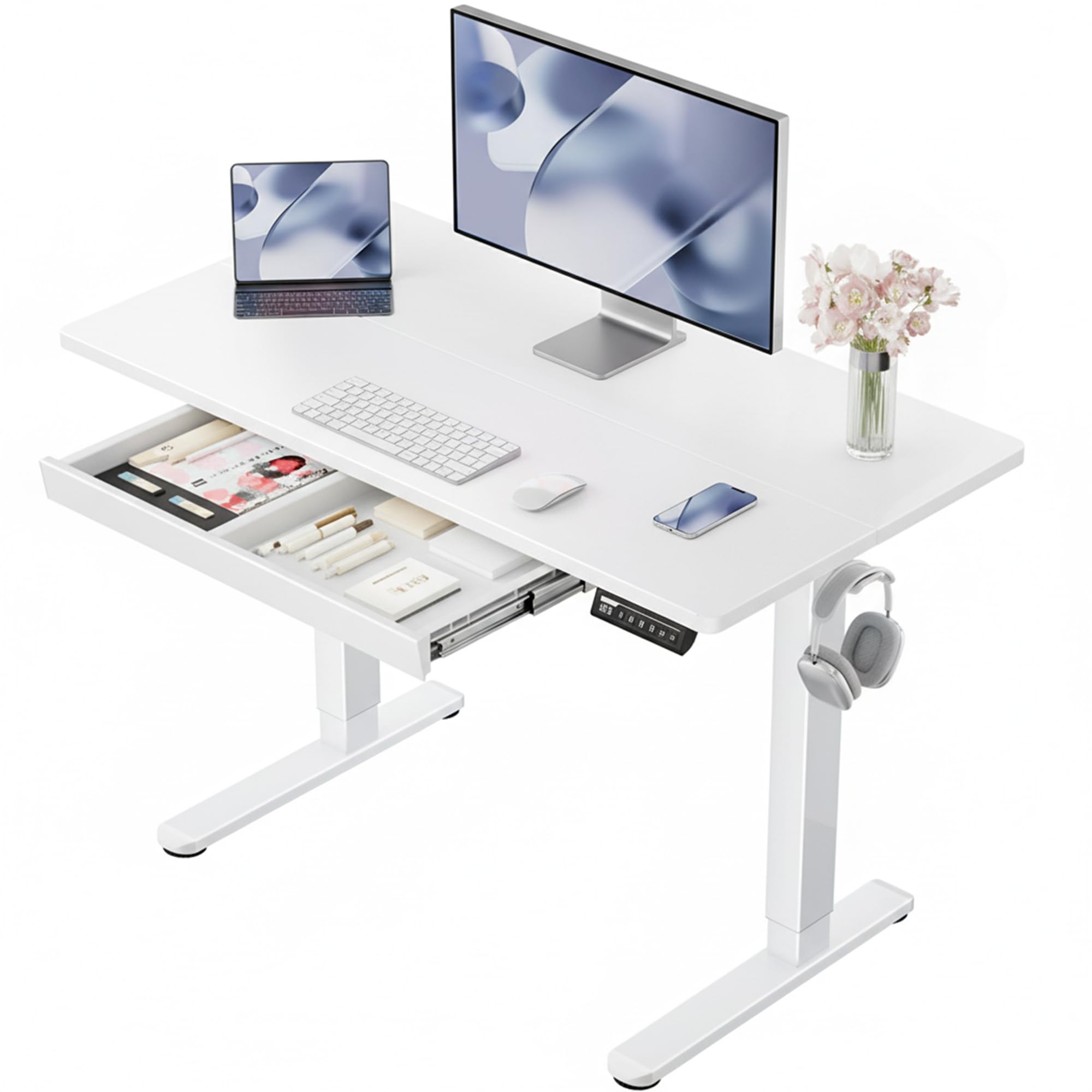 ErGear 44 inch Electric Standing Desk with Drawers Adjustable Height with Storgear 4 Memory Height Settings Sit Stand
