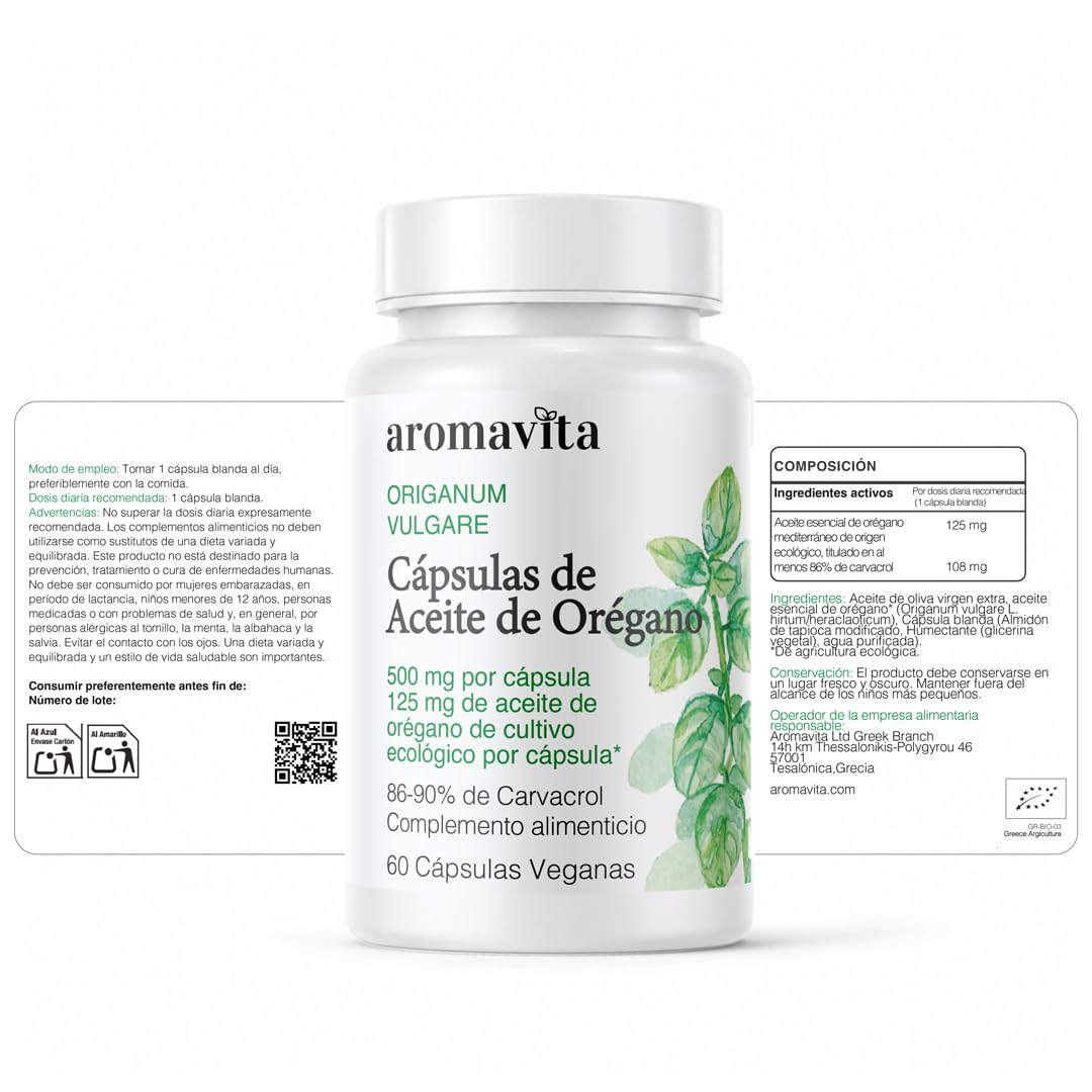Aceite de Orégano Puro con 86-90% de Carvacrol - Potente Suplemento Digestivo y Antioxidante Natural a Base de Plantas, Vegano, con 108mg de Carvacrol por Perla - 60 Cápsulas Blandas