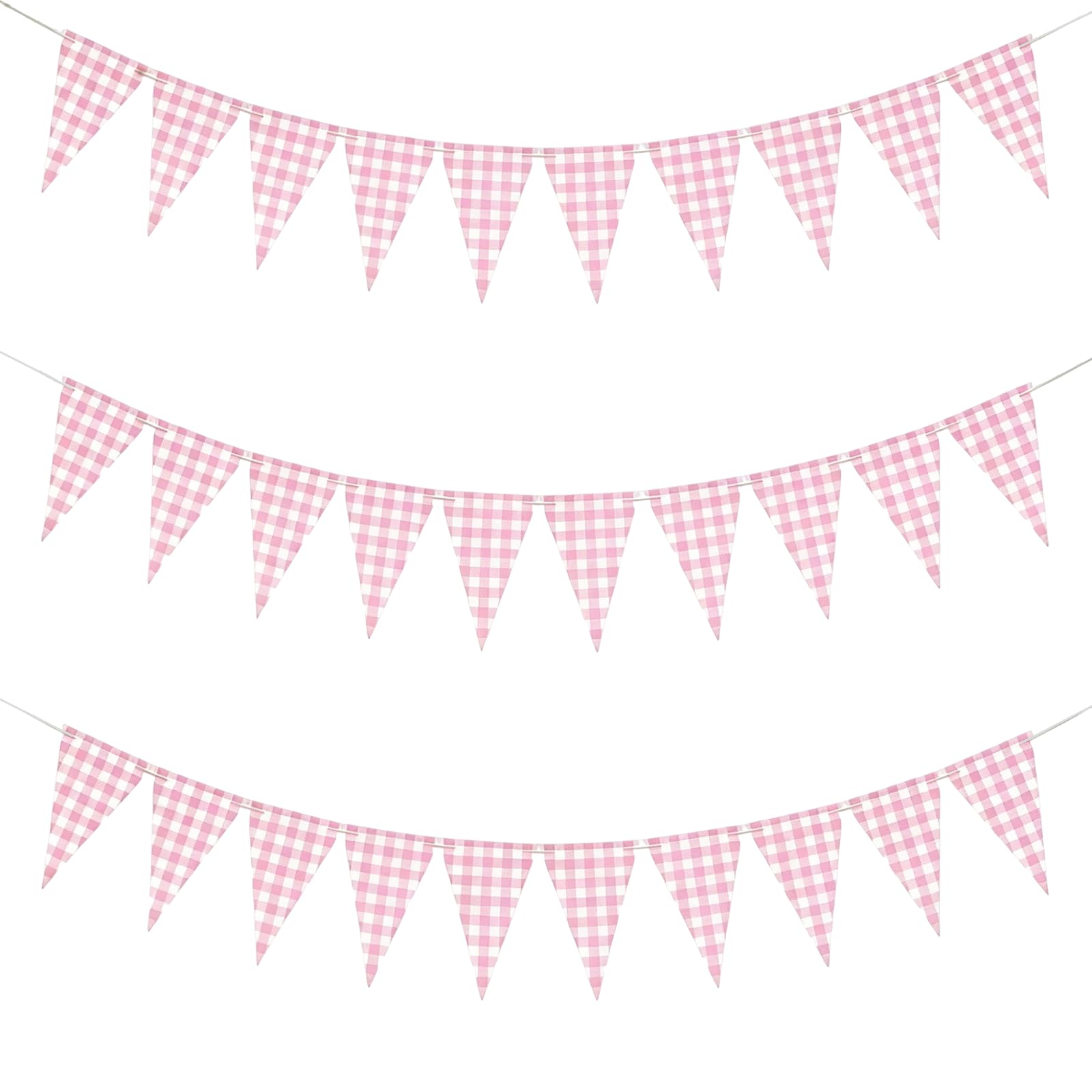 3 Packs Pink Gingham Triangle Bunting Flags, Reusable Pennant Banner for Indoor Outdoor Party Wedding Birthday Picnic Home Decoration