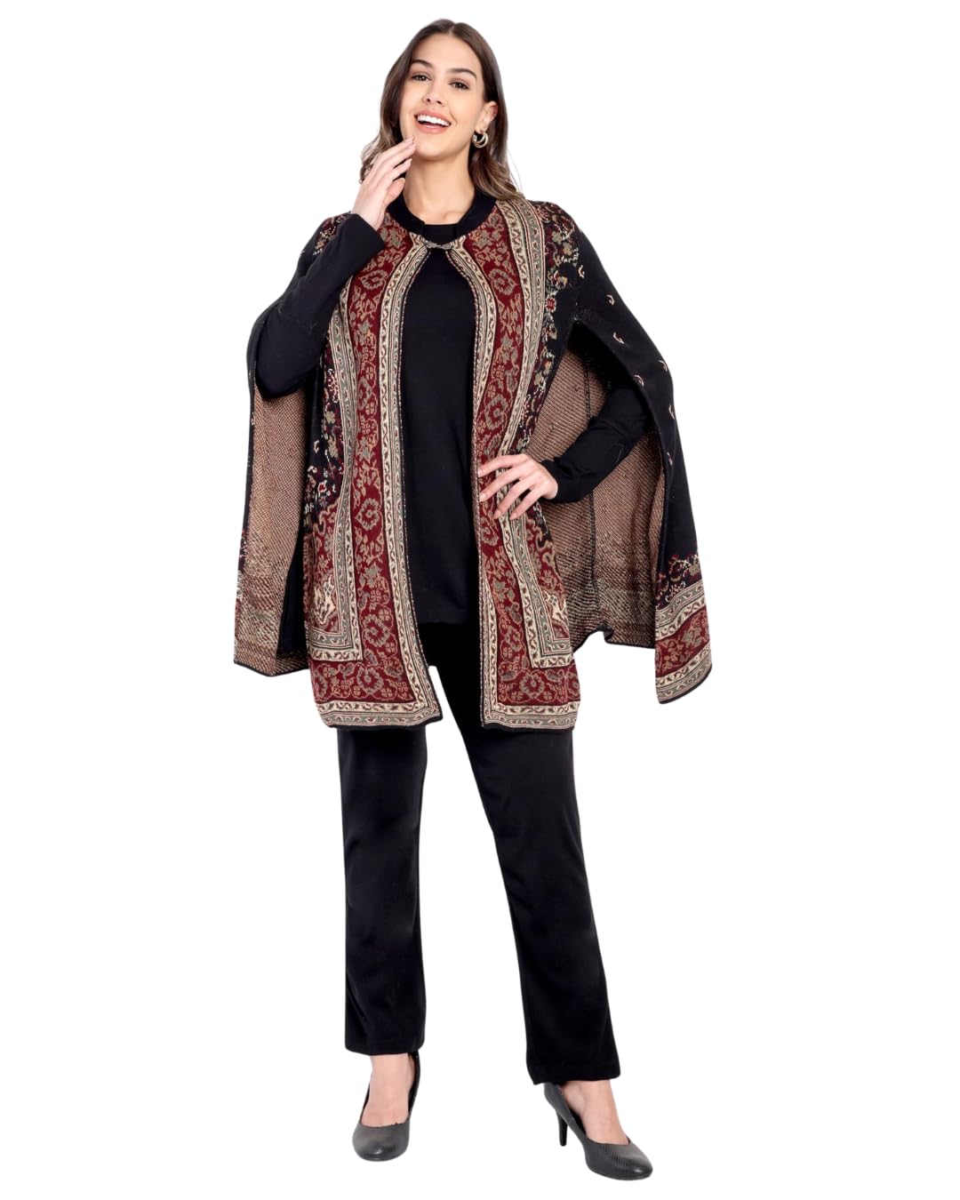 Women Woollen 3 Pc Coord Set -Top, Trousers and Cape Shrug-image-36