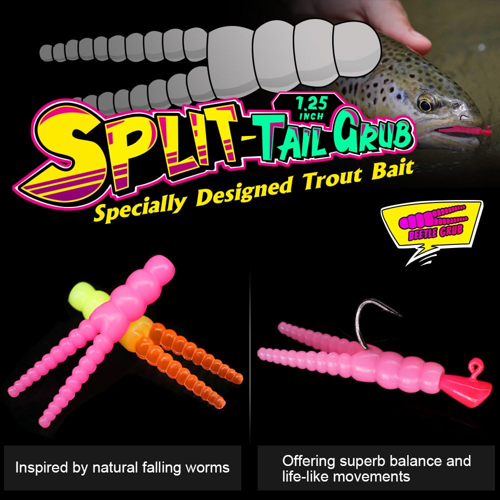 165-Piece Trout Lure Kit for Creek & River Fishing Gear with Split Tail Grub Worms, Shad Dart Jig Heads, Floats & Sinkers - Ideal for Seasonal Trout Crappie & Panfish