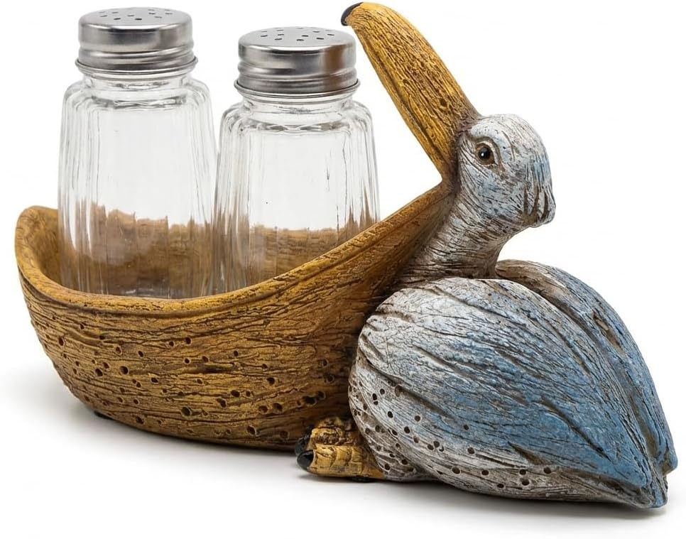 The Bridge Collection Pelican Salt And Pepper Shaker Set Coastal Decor – Nautical Kitchen Tabletop Holder With Glass Shakers – Beach House Dining Accent