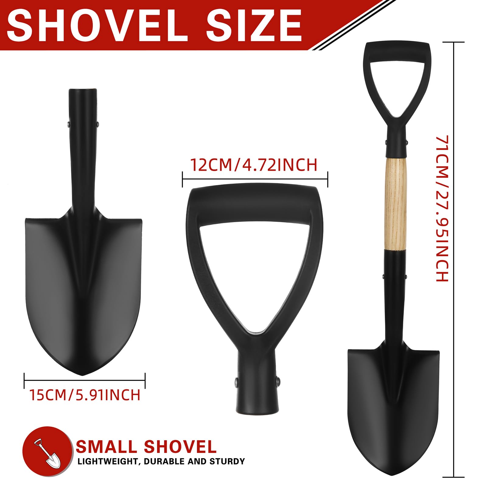 Mini pala da giardino da 71 cm con manico a D, piccola pala per bambini, testa in lega di acciaio e albero in legno, per emergenza auto, spiaggia, piantagione e neve leggera