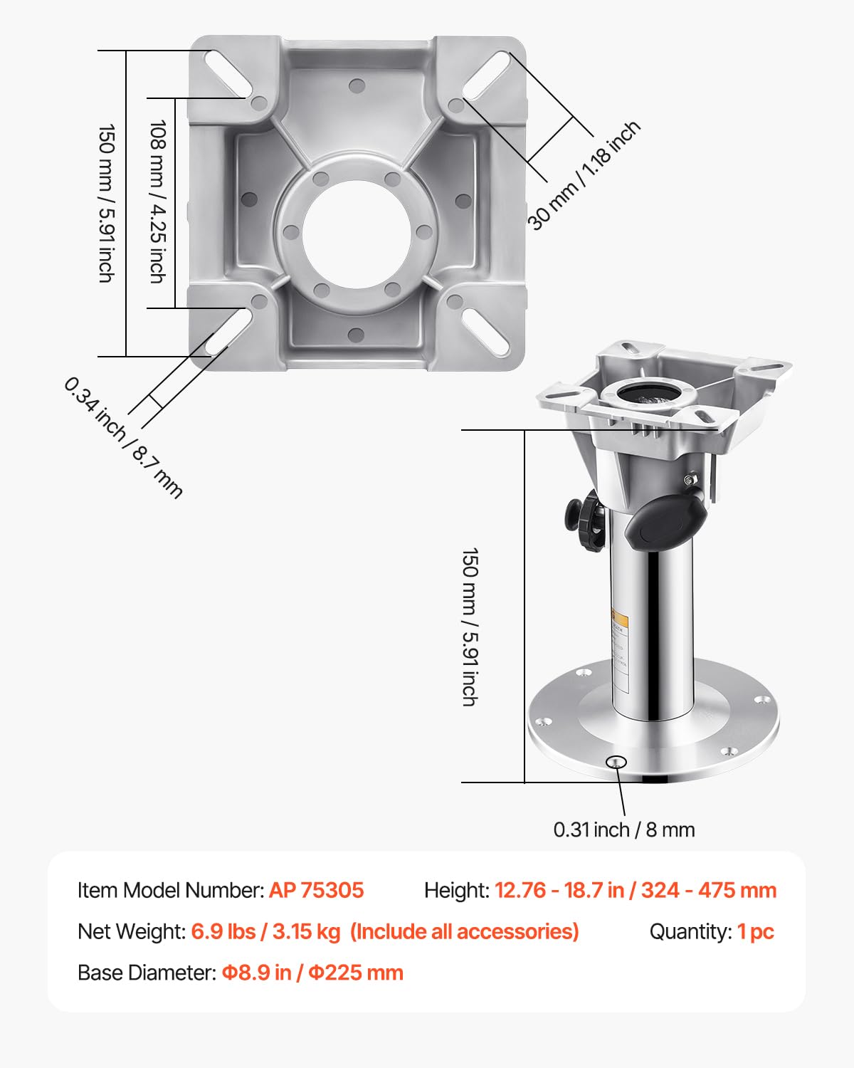 VEVOR Pied de Siège de Bateau Hauteur Réglable 324-475 mm, Support de Siège de Bateau en Alliage d'Aluminium avec Conception de Verrouillage, Étanche et Résistant à la Rouille, pour Amateurs de Pêche