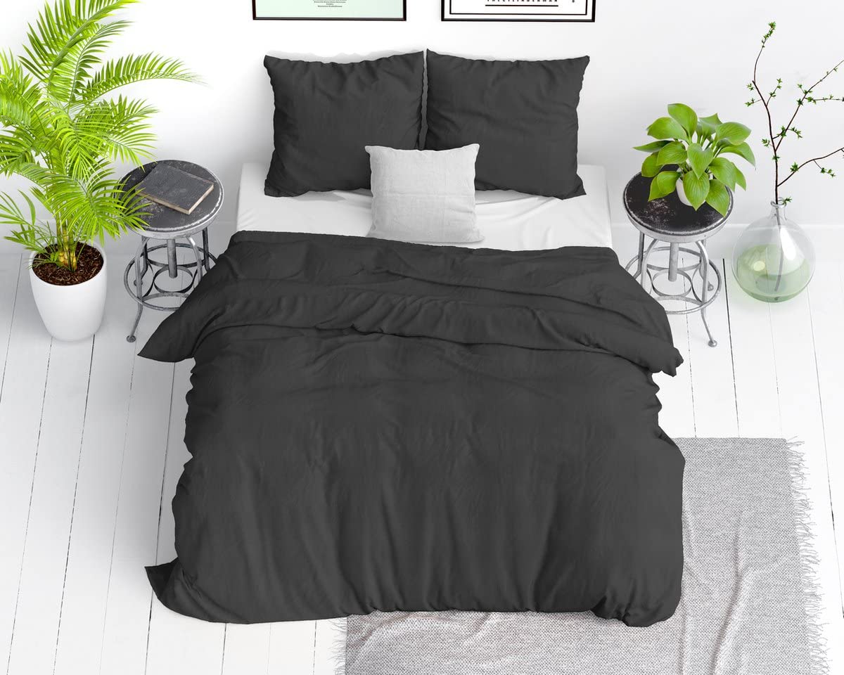 Sleeptime 100% Baumwolle Bettwäsche - Stone Washed - 4teilig 135 x 200cm - Anthrazit - Atmungsaktiv und hautfreundlich Bettbezüge mit Reißverschluss - Bettwäsche Set mit 2 Kissenbezüge 80cm x 80cm