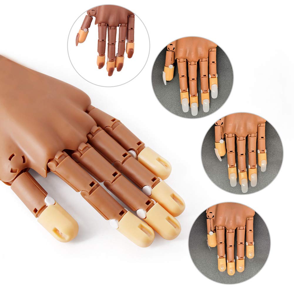 Pratique Faux Nail Art, Mains et Doigts d'entraînement Flexible + 400 pièces Pointes d'ongles Remplaçables (Marron)