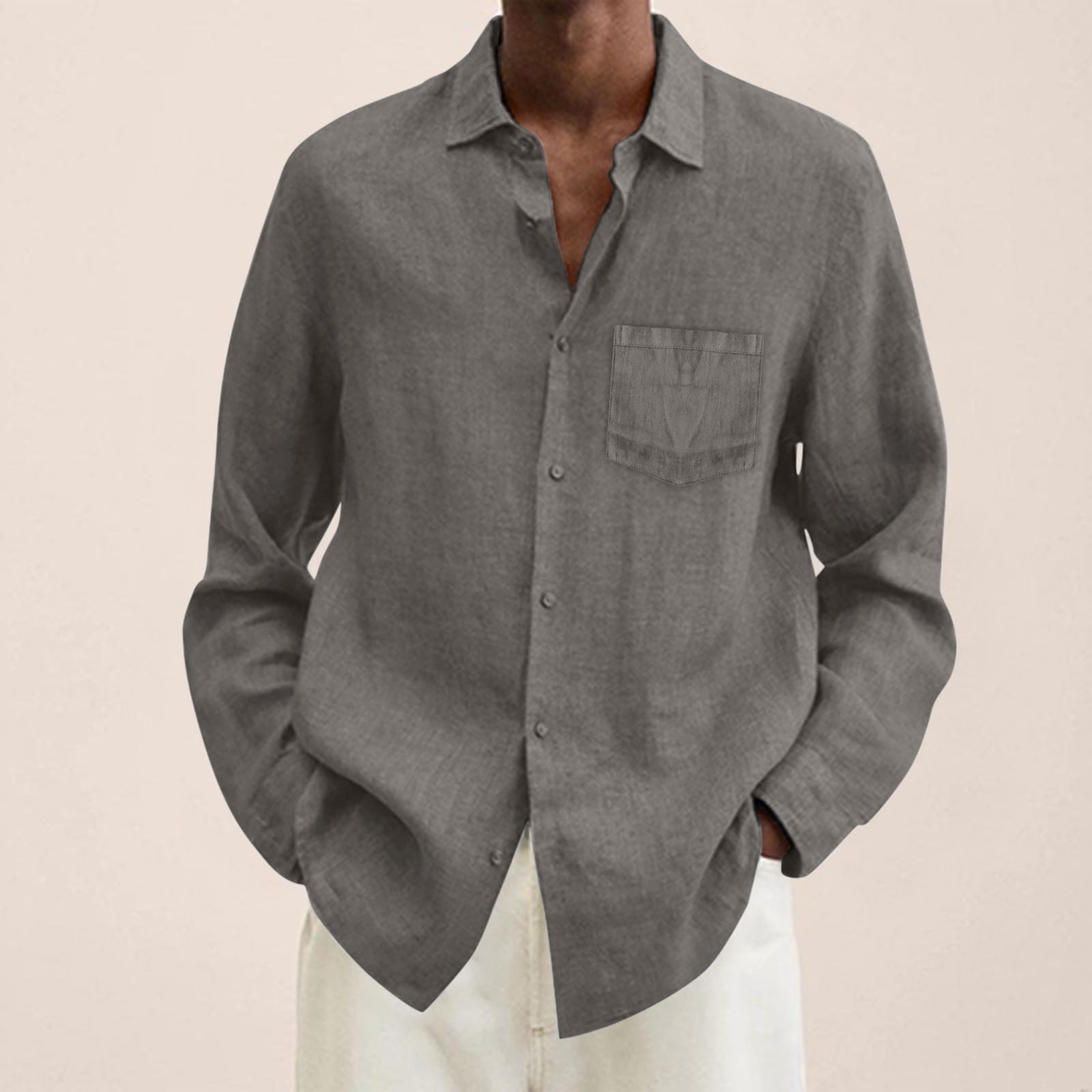 Generico Camicia a Maniche Lunghe da Uomo in Cotone Estivo Tinta Unita Casual Taglie Forti #D