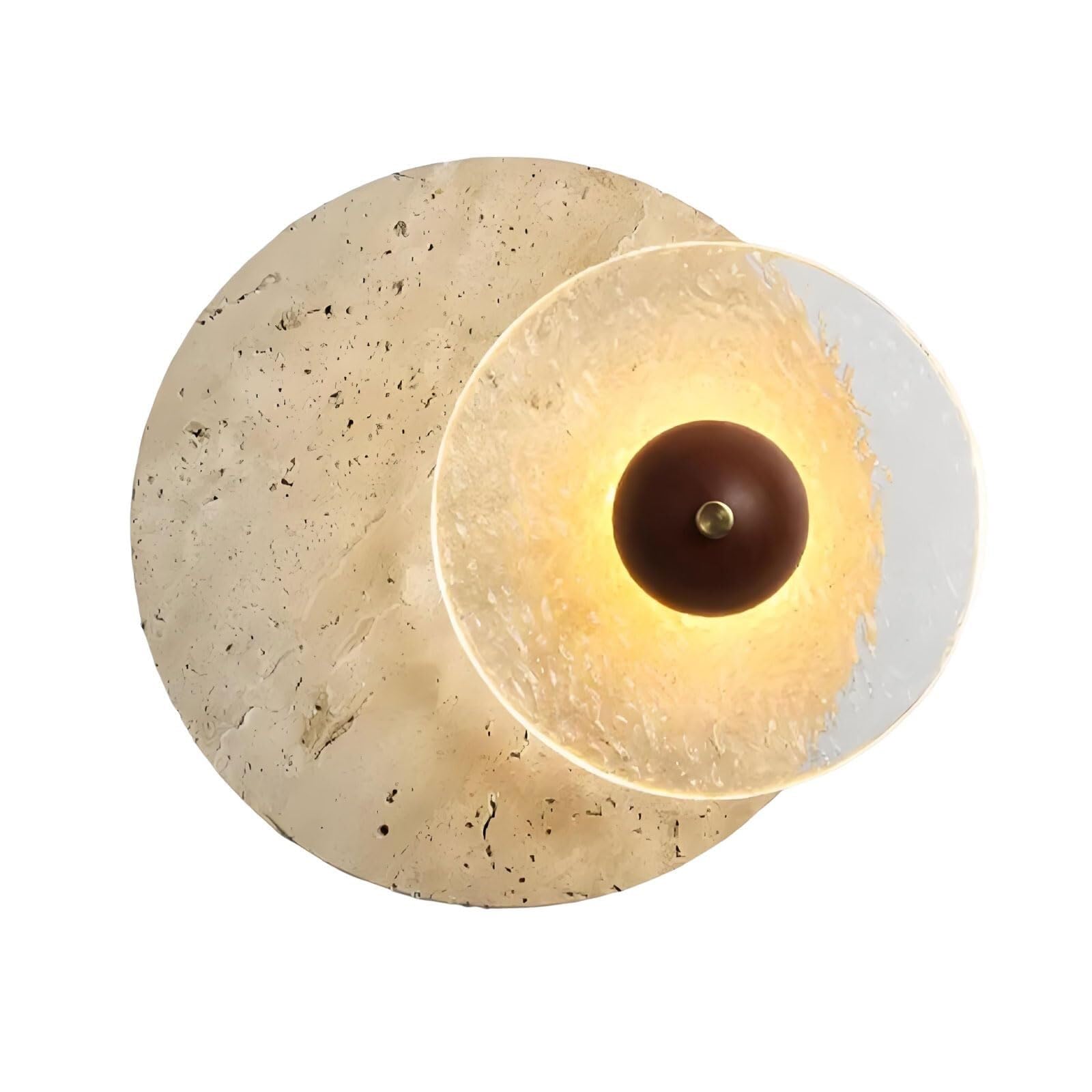 LUOYAOB Round Travertine Wall Sconce Solid Wood Warm White Wall Light