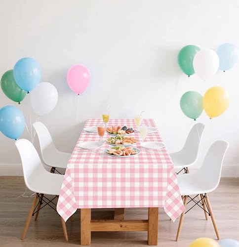 Miniatura 7 de SietDESEO Paquete de 6 manteles de plástico desechables de gingham rosa claro, rectangulares de 54 x 108 pulgadas, diseño a cuadros rosa y blanco,
