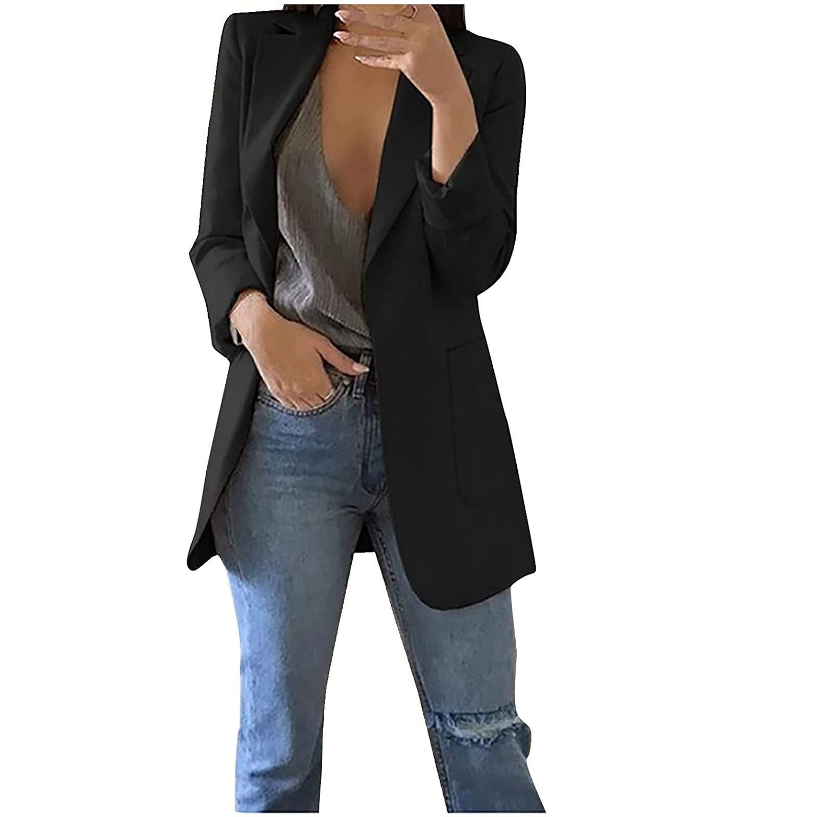 Women Suit Solid Color Long Sleeve Office Cardigans Long Jacket Tops Lapel Collar With Straight Pockets Plus Size