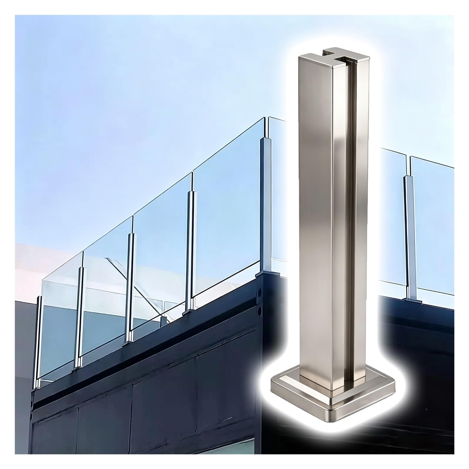 ZJKXJH Stainless Steel Glass Slot Post, Deck Balustrade Post Fits 10–12 mm Glass, Corner Slot Balcony Deck Railing Post for Balcony/Patio Fence(Middle Post-Silver,H-115cm/45.3in)