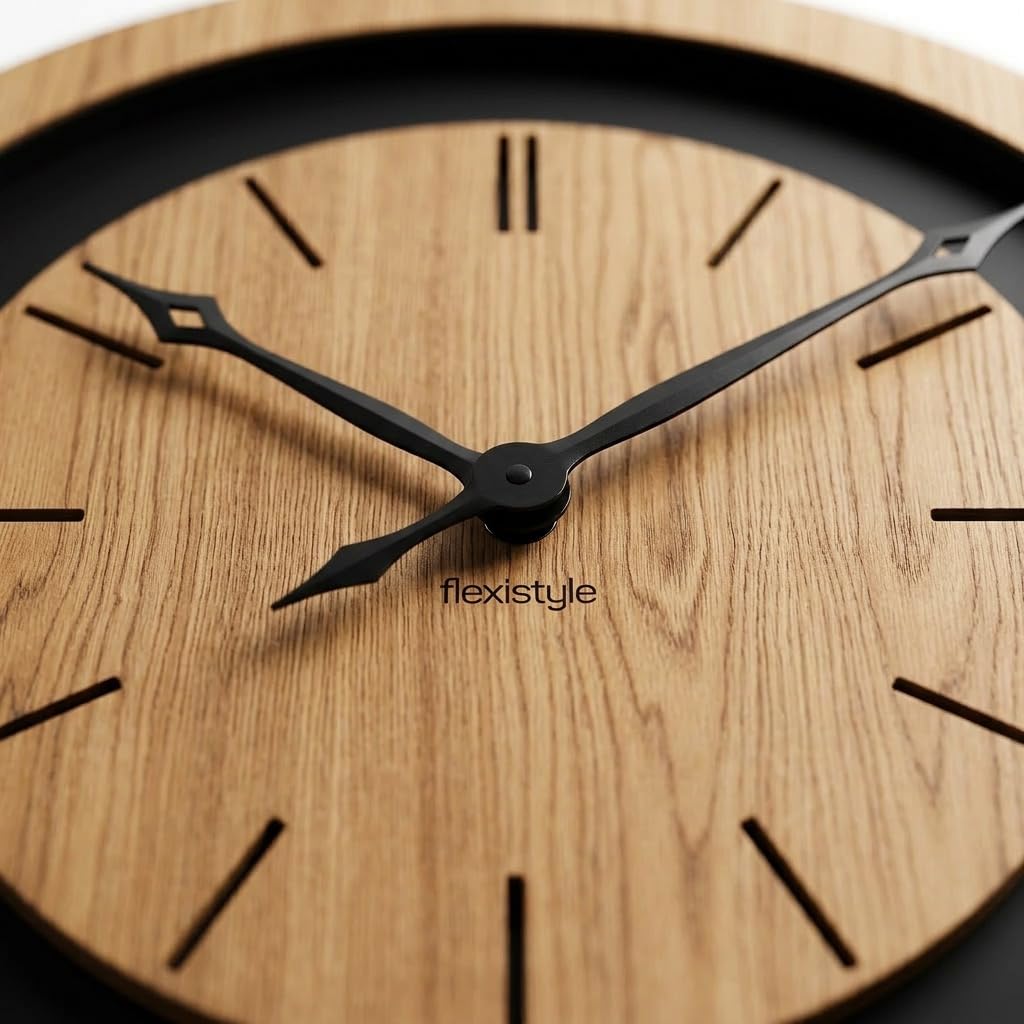 FLEXISTYLE Wanduhr groß XXL 75 cm aus Eiche – Große Designer-Wanduhr aus Naturholz & schwarzem MDF – Lautloses Uhrwerk ohne Ticken – Modernes Wohnaccessoire für Wohnzimmer, Loft & Büro