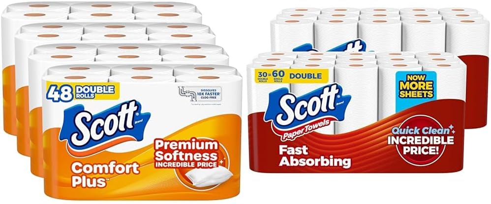 Bundle of Scott ComfortPlus Toilet Paper, 48 Double Rolls, 231 Sheets per Roll, 1-Ply Toilet Tissue + Scott Paper Towels, Choose-A-Sheet, 30 Double Rolls = 60 Regular Rolls (108 Sheets Per Roll)