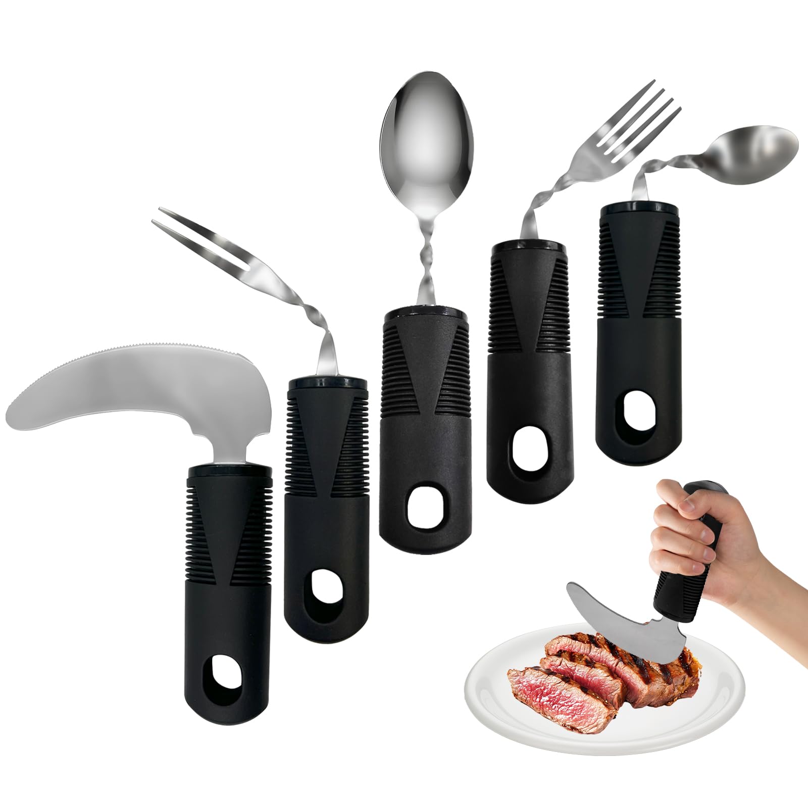Daily Treasures Set de 5 Couverts Adaptés, Couteau à Steak Vertical & Fourchettes/Cuillères Orientables 180°pour Mains Atteintes de Parkinson, Tremblements, Arthrite, Personnes Âgées et Adultes (Noir)