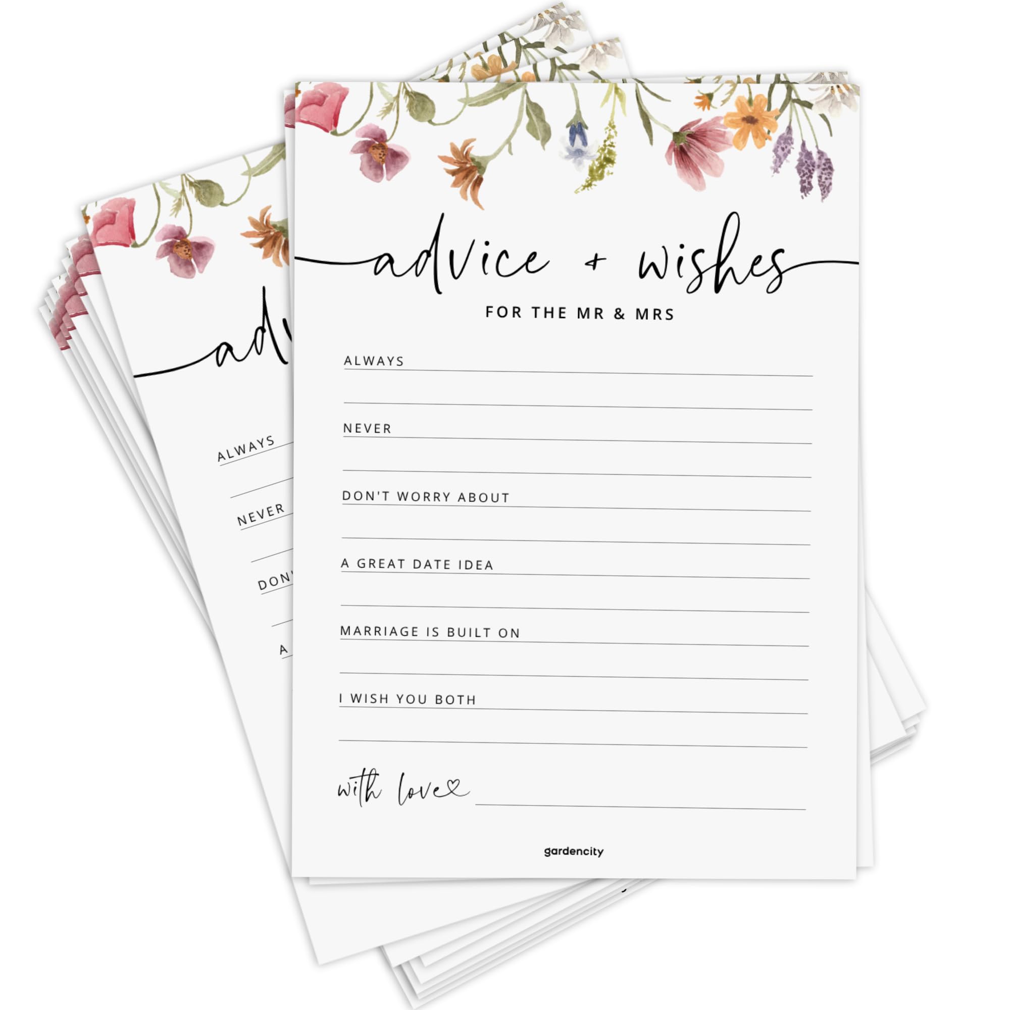 Advice and Wishes for the Mr and Mrs, Floral Wedding Advice Cards, Wildflower Bridal Shower Games for Bride, 50 Pack