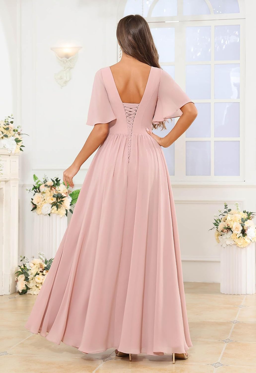 A Line Chiffon Bridesmaid Dresses Long Formal Evening Party Gown with Sleeves Slit - Image 6
