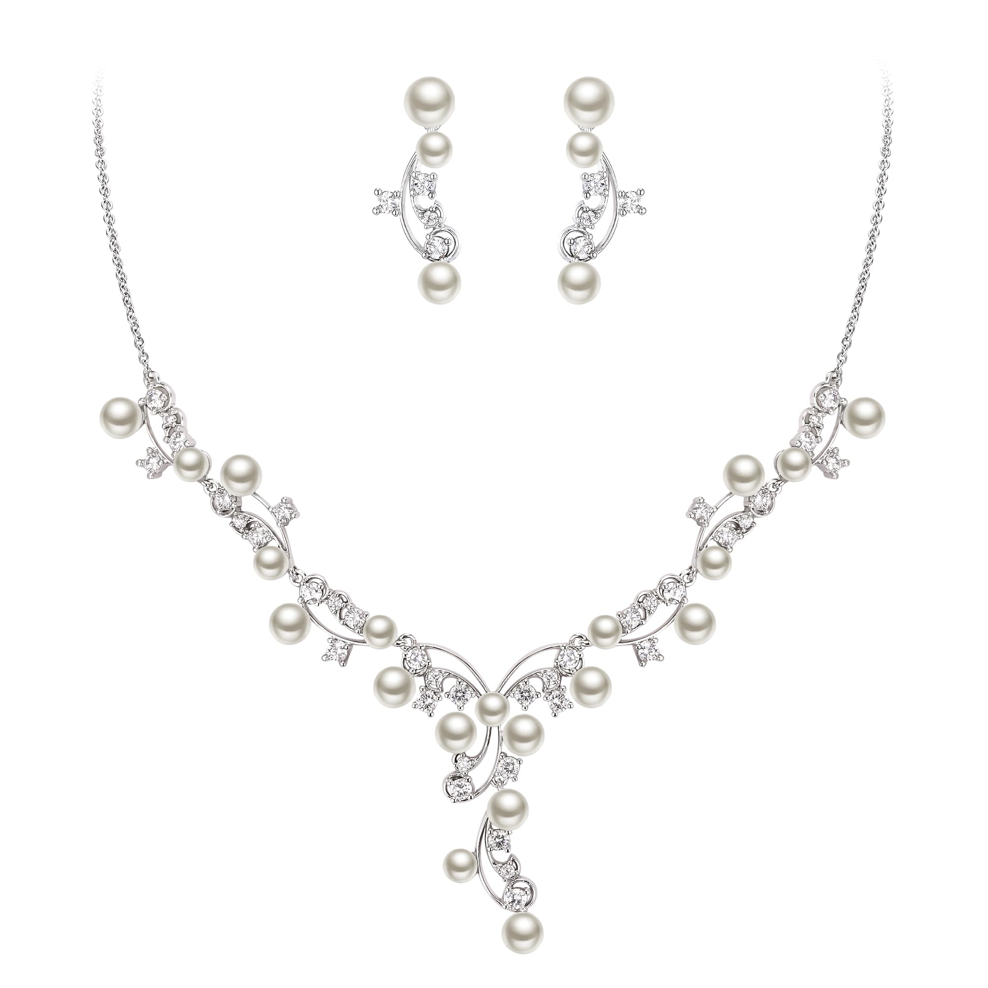 White Faux Pearl Leaf Vine Bridal Cubic Zirconia Jewelry Set for Women