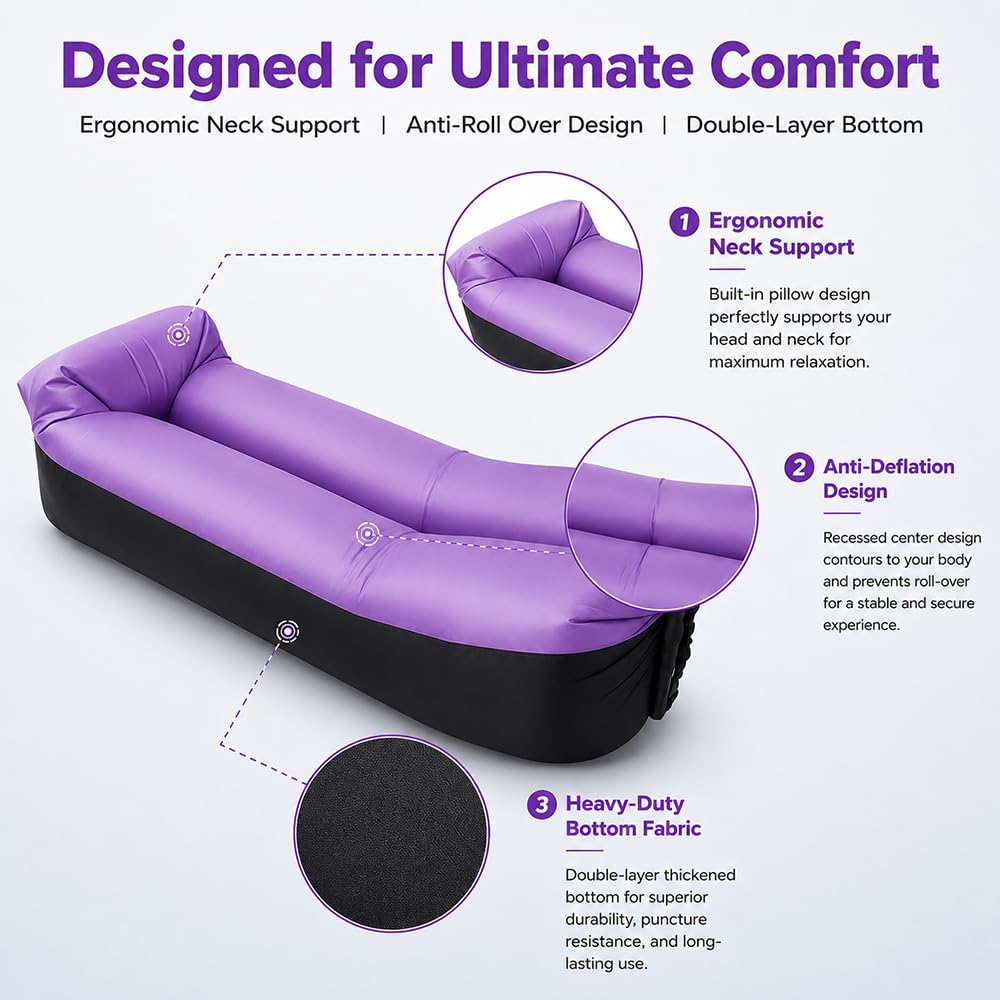 Aufblasbares Sofa, Camping Sofa Aufblasbar, Tragbares Luft Sitzsack mit Aufbewahrungstasche, Air Lounger, Aufblasbare Couch für Camping Urlaub Schwimmbad Strandparties Hinterhof