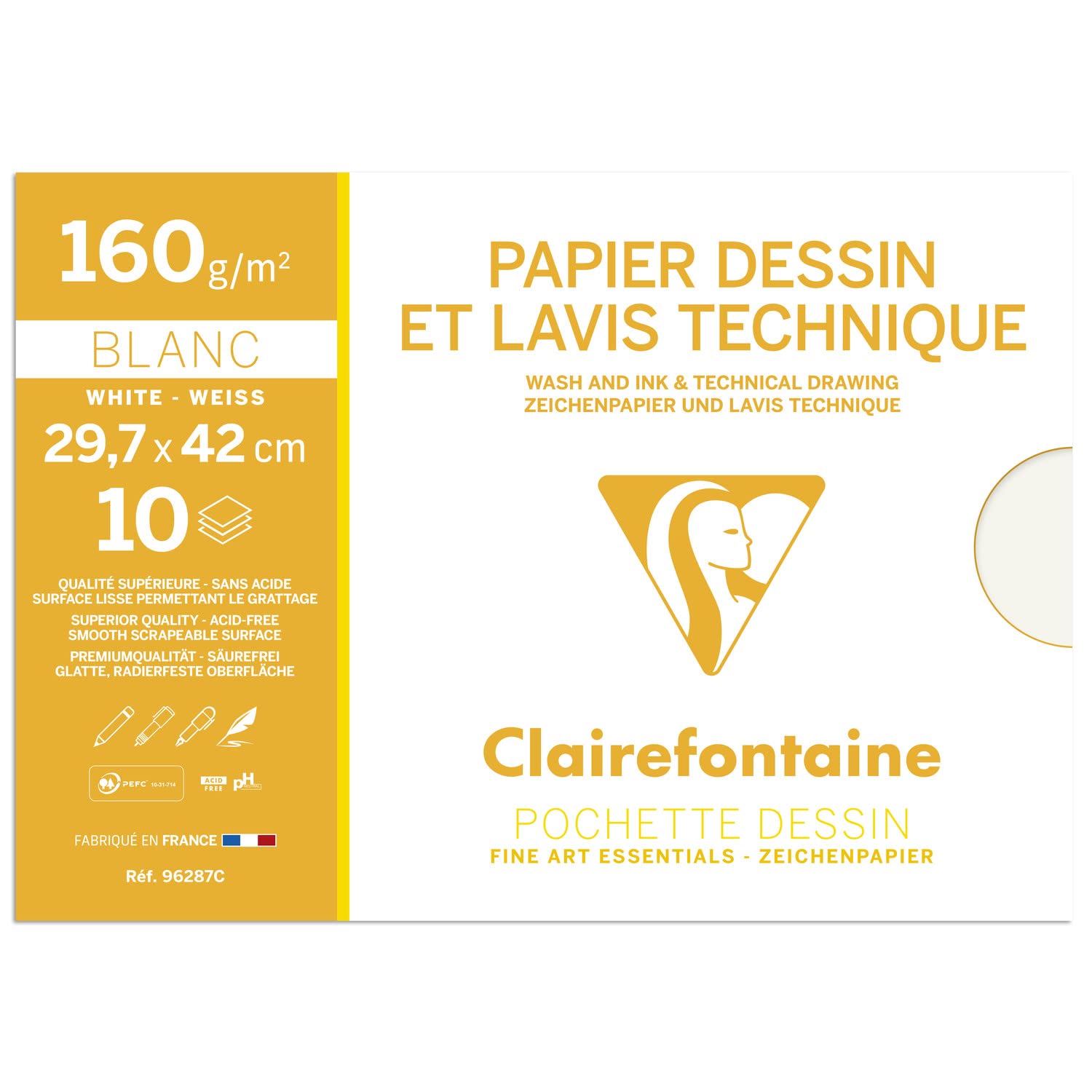 Clairefontaine - Ref 96287C - Technical Drawing Paper (Pack of 10 Sheets) - 29.7 x 42cm in Size, 160gsm Paper, Suitable for Light Washes, Envelope Packet