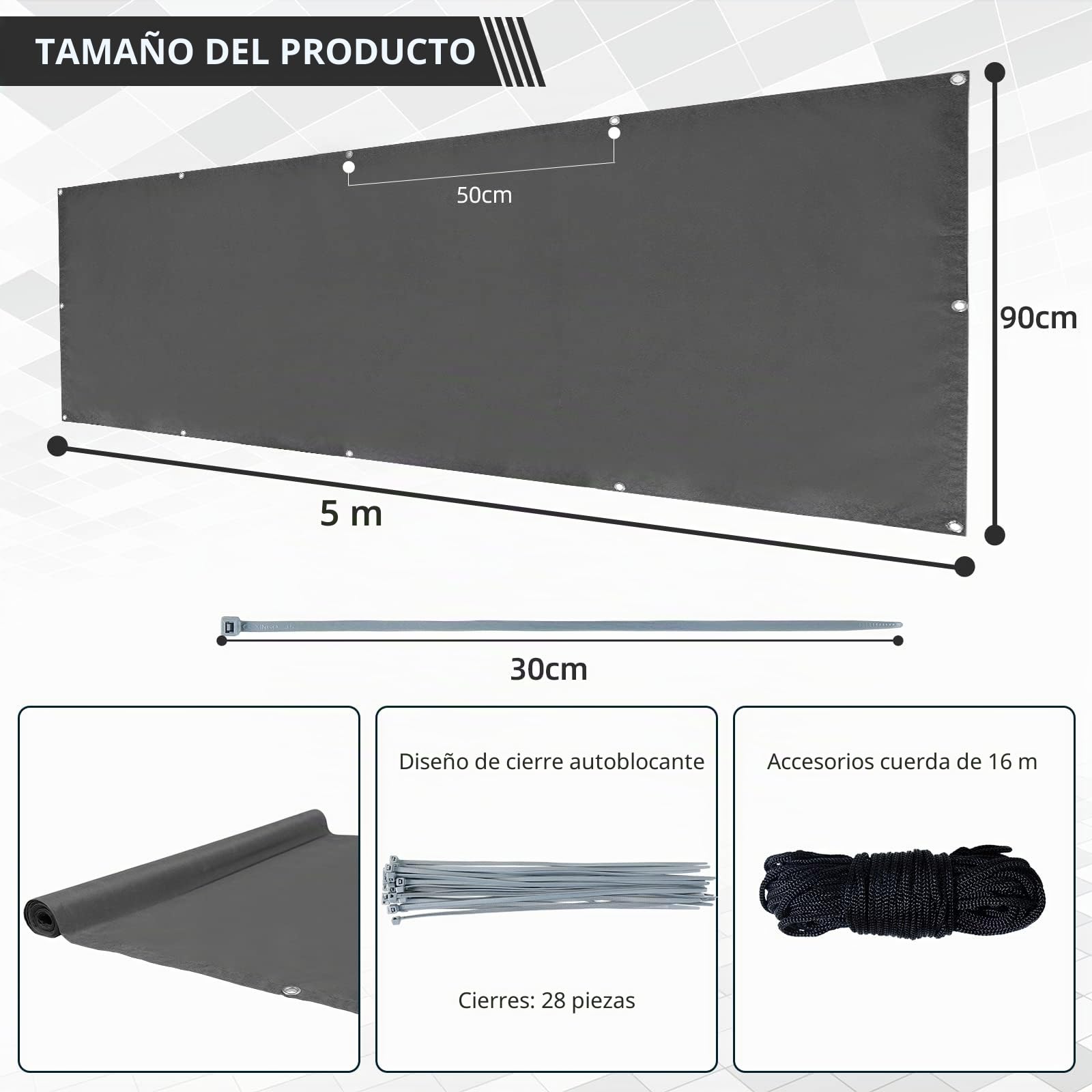 CCLIFE Pantalla para Balcón Jardín Exterior impermeable Protección de Privacidad Opaca Polyster, Protección UV, Resistente al Viento, se Puede Cortar, con Cuerda y Bridas