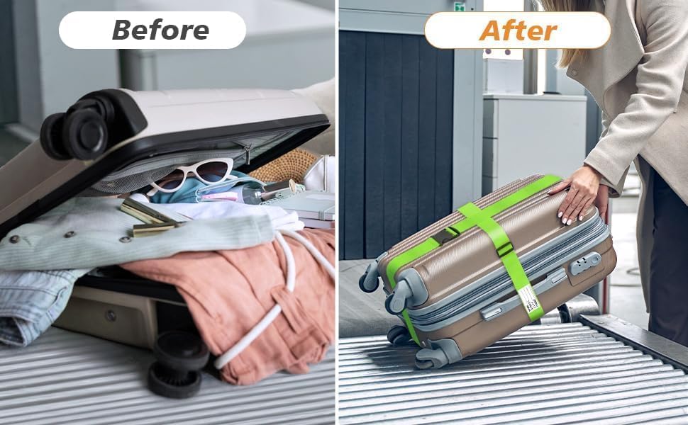 Image of BILIONE Luggage Straps Adjustable Suitcase Belt, Lockable Against Accidental Opening, Easy to Identify Travel Accessories, Add a Bag Connector Holds Suitcase (Versatile Black, 4 Pack)