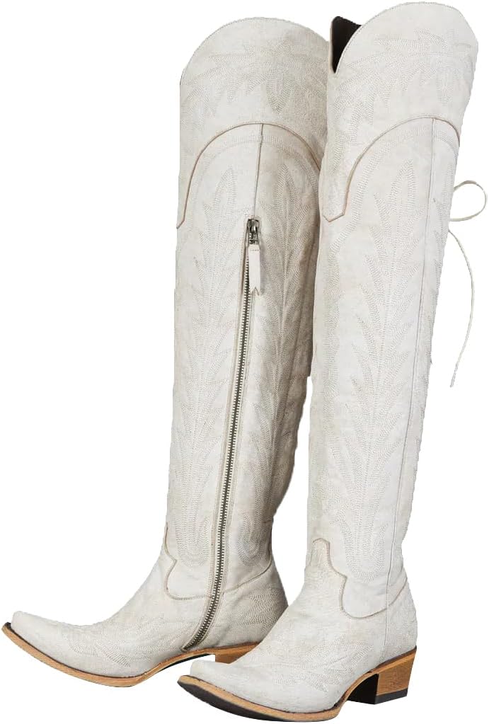 LISHAN Women's Faux Leather Western Cowboy Cowgirl Boots Lace Up Above the Knee High Embroidered Block Heels